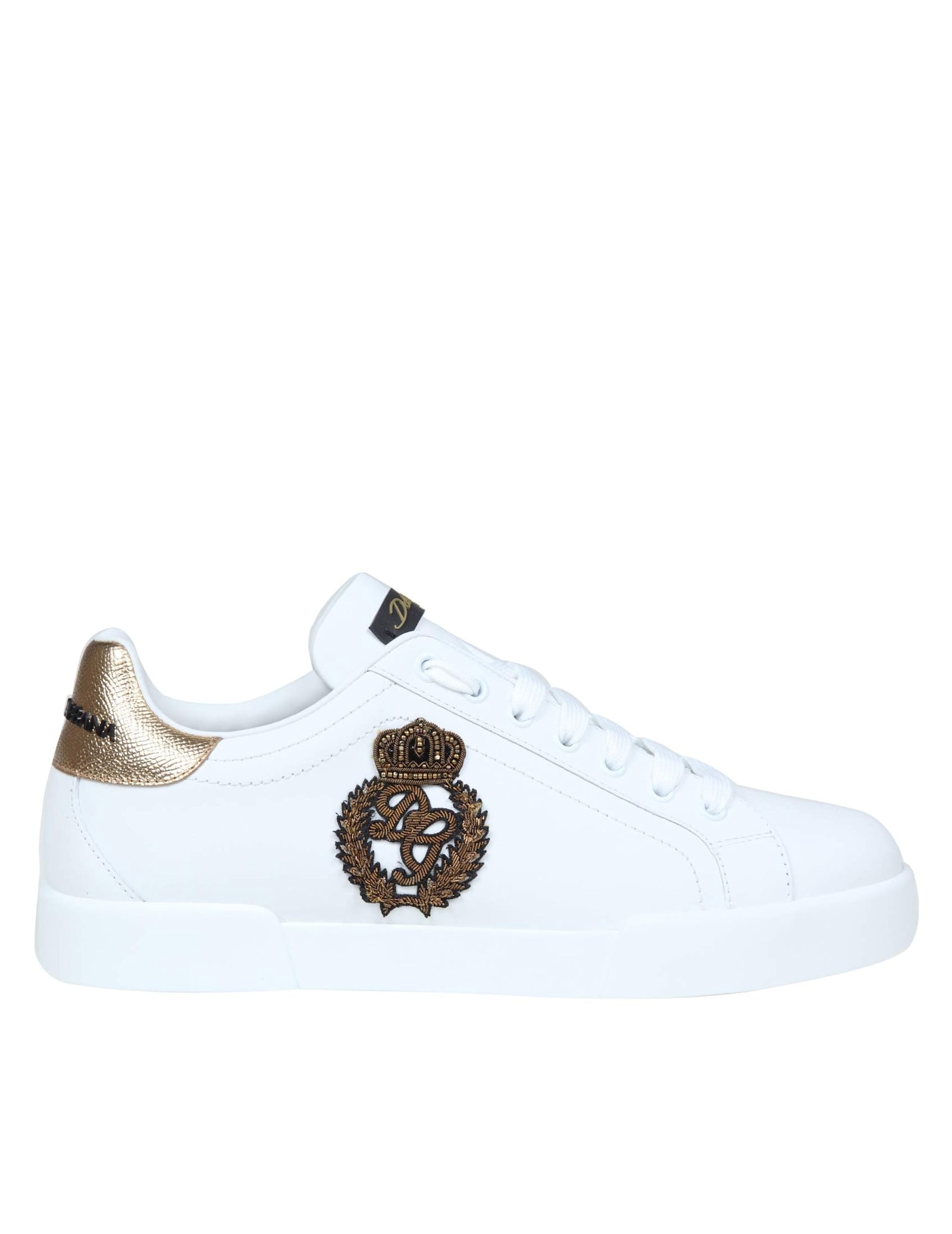 Shop Dolce & Gabbana Portofino Sneakers In Leather With Side Crown Logo In White / Gold