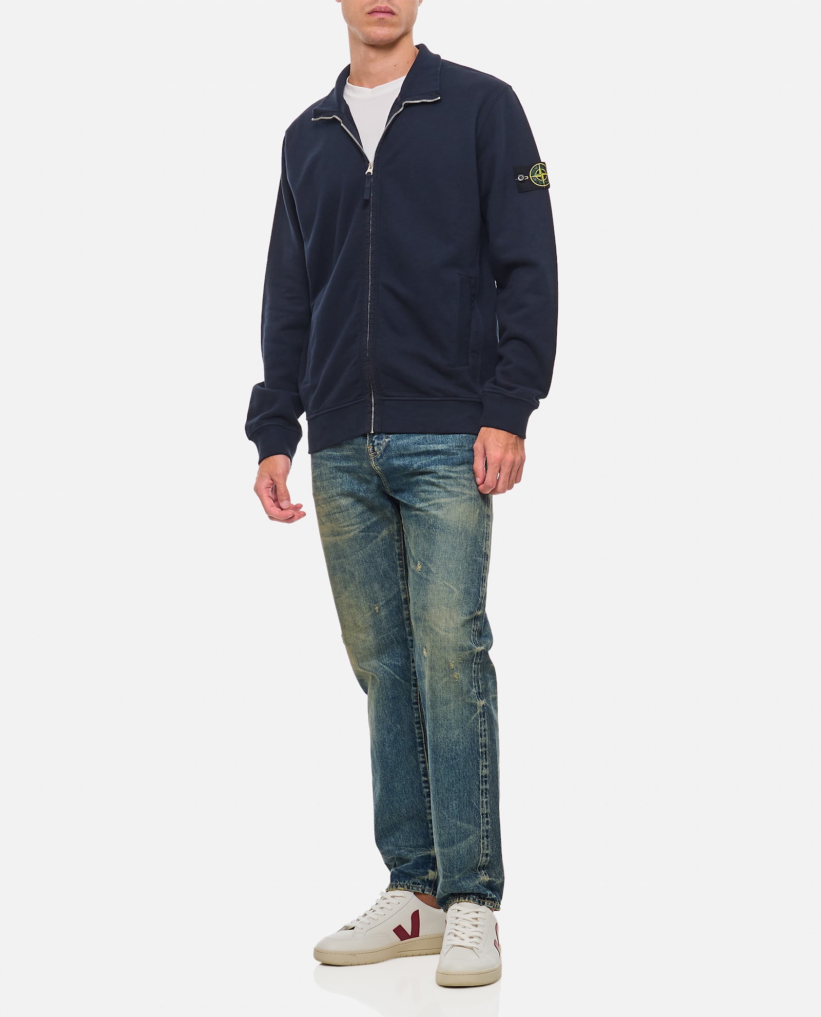 Shop Stone Island Full Zip Sweatshirt In Navy Blue