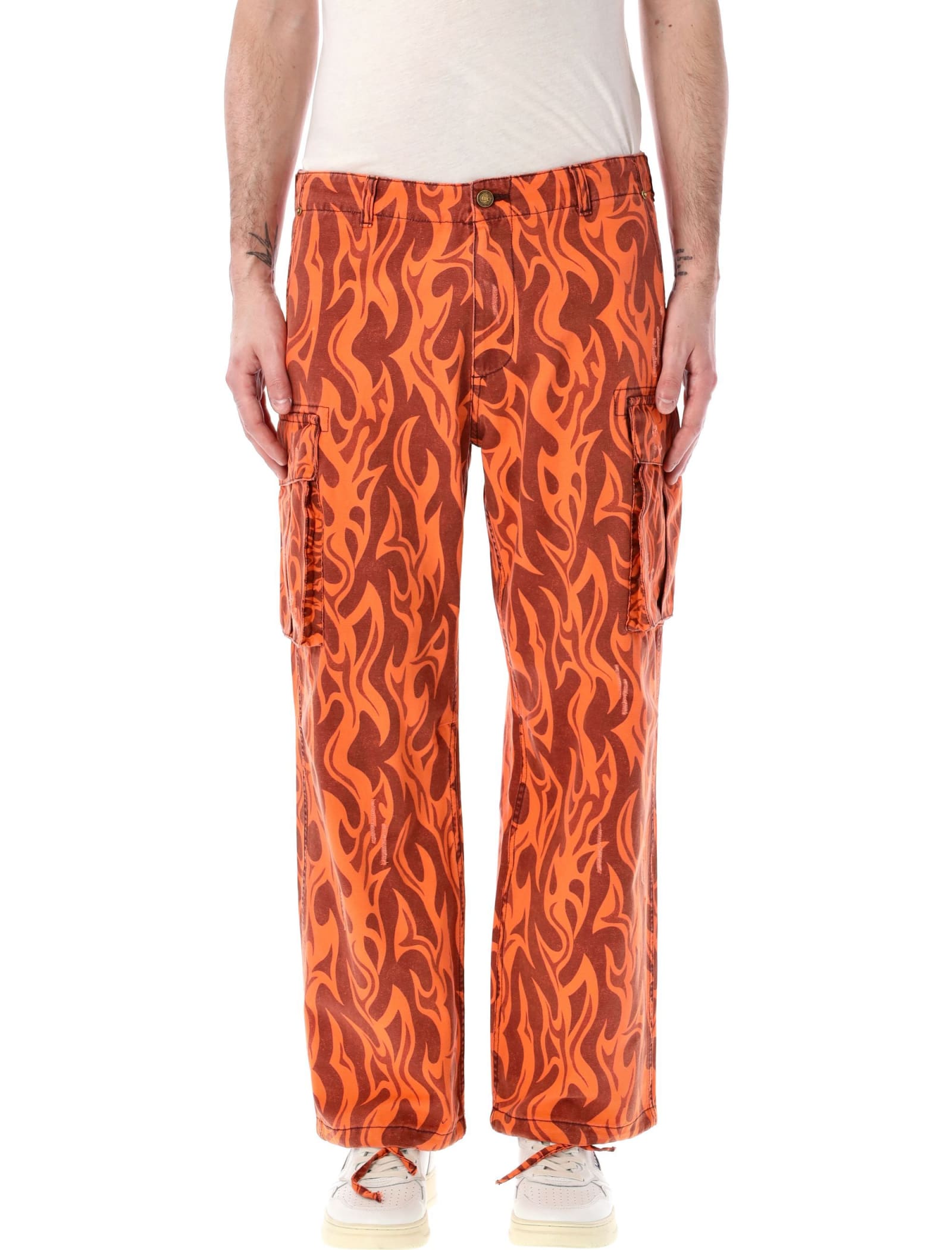 Shop Erl Printed Flame Cargo Pants In Orange Flame