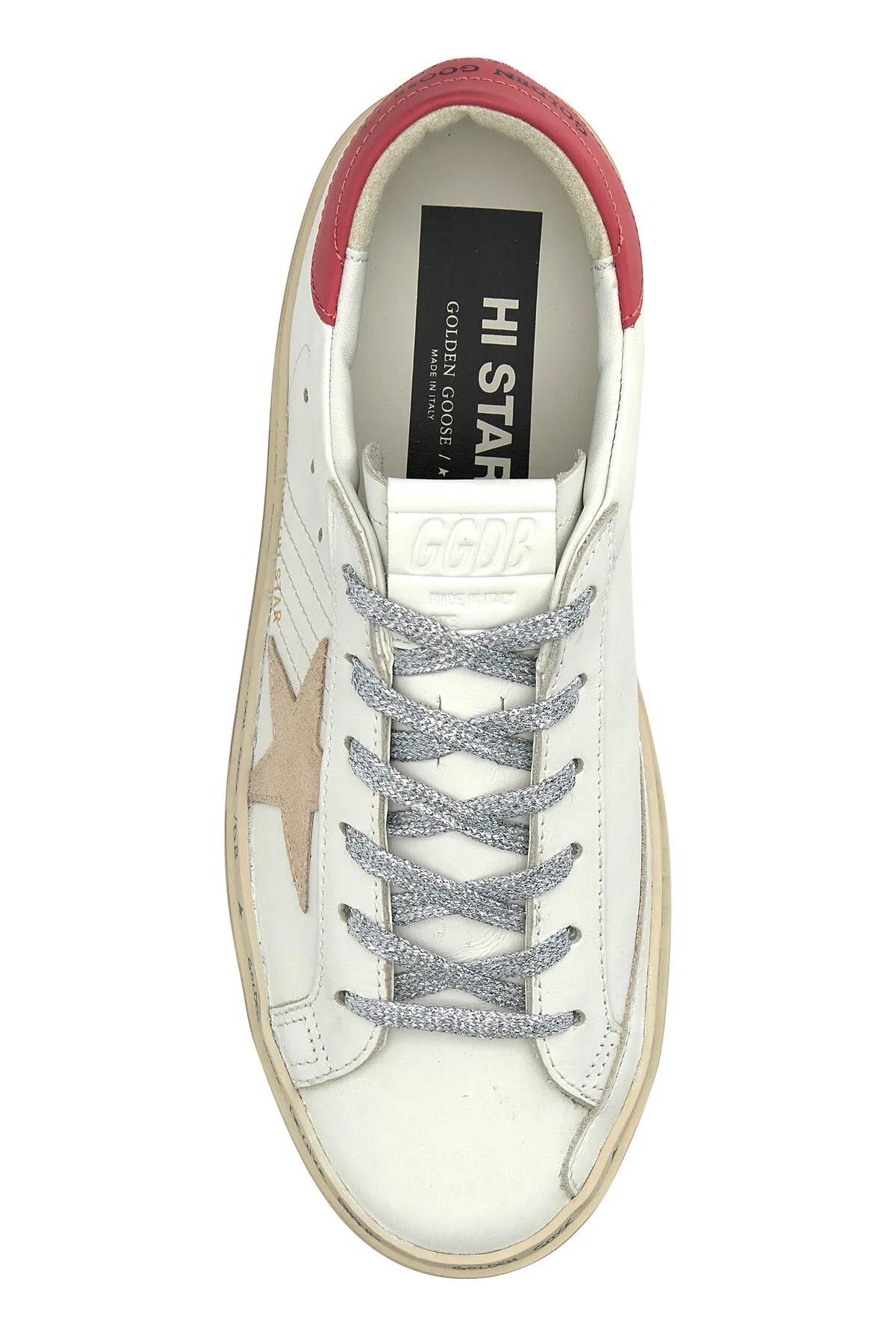 Shop Golden Goose White Leather Hi Star Sneakers