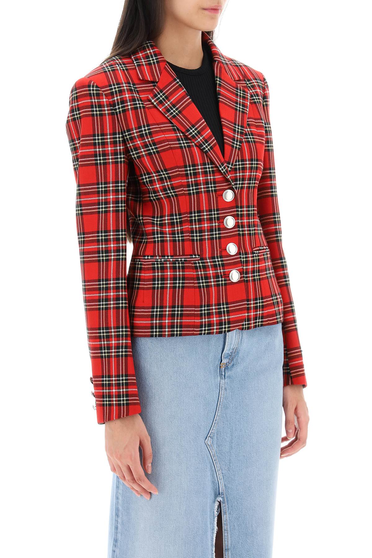 Shop Alessandra Rich Wool Single-breasted Jacket With Tartan Motif In Red Black (black)
