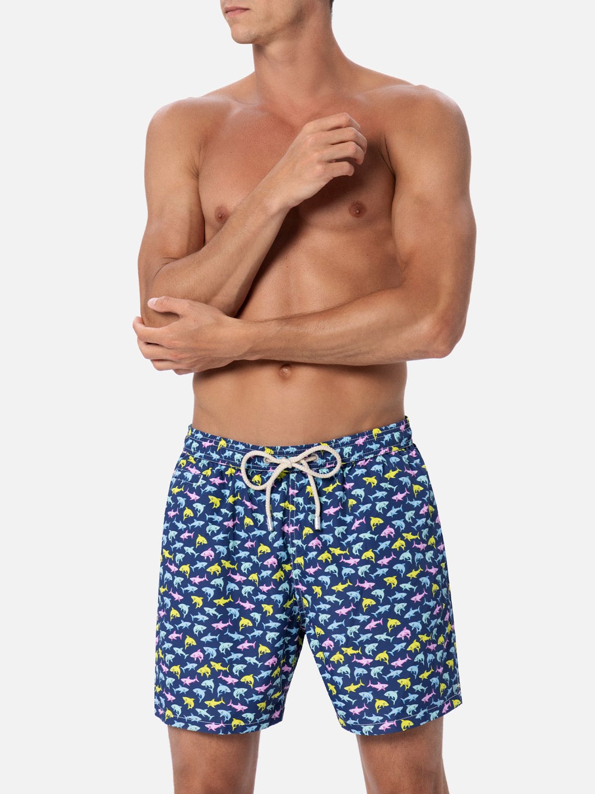 MC2 SAINT BARTH MAN LIGHTWEIGHT FABRIC SWIM-SHORTS LIGHTING MICRO FANTASY WITH SHARK PRINT