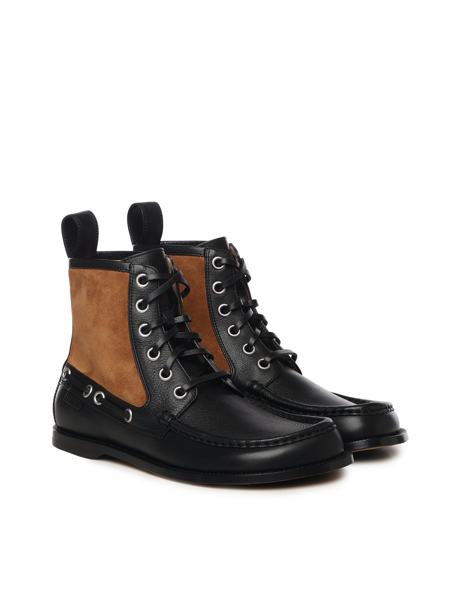 Loewe Rounded Toe Calfskin Bootie With Suede Inserts In Multi