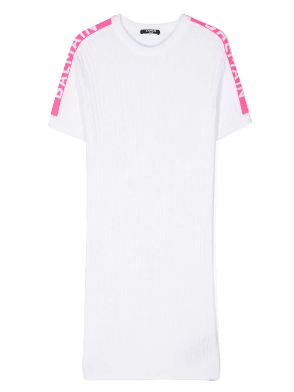 Shop Balmain Ribbed Knitted Dress With Jacquard Logo Motif In White