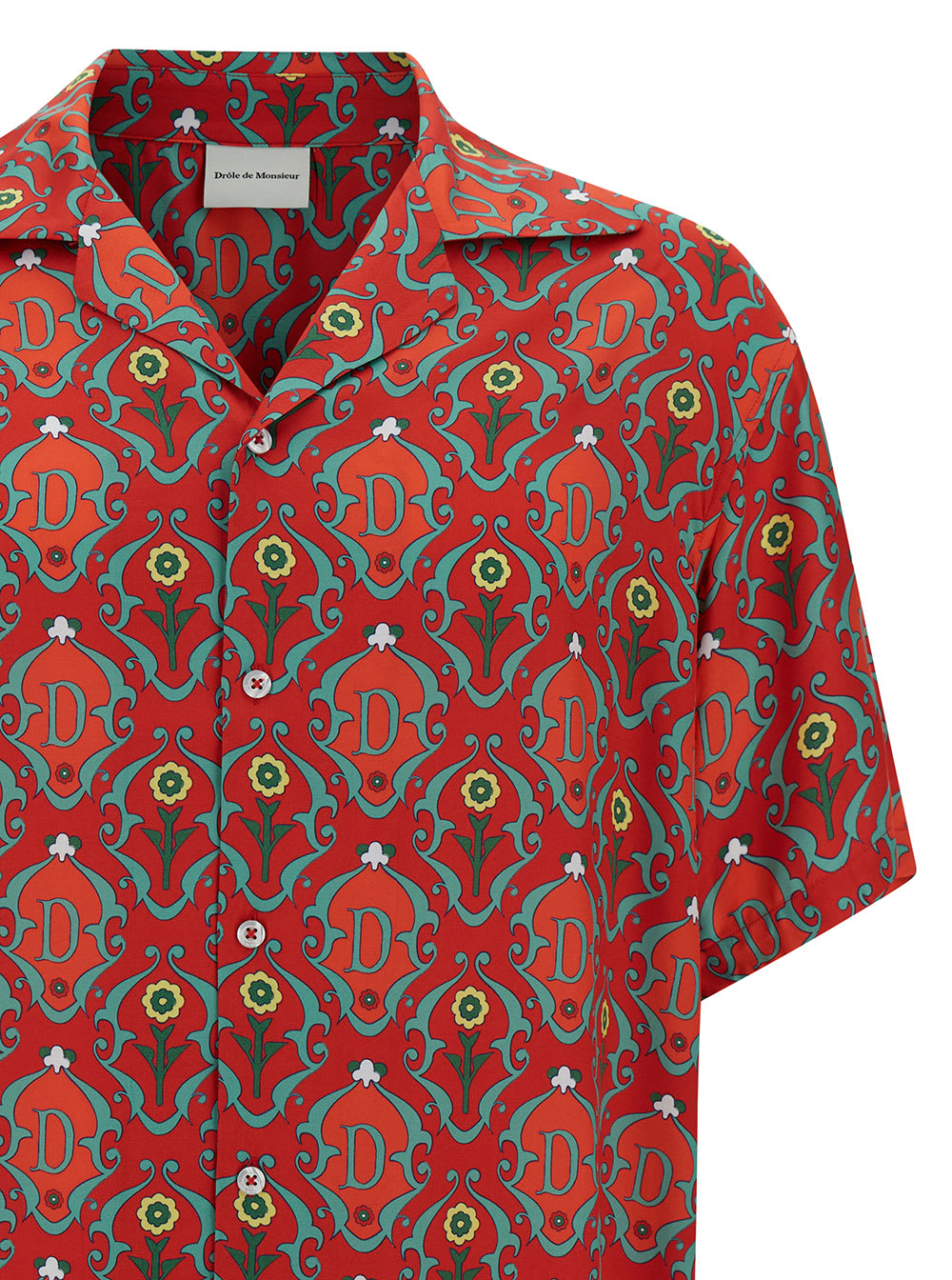 Shop Drôle De Monsieur Red Bowling Shirt With Ornements Print In Satin Man