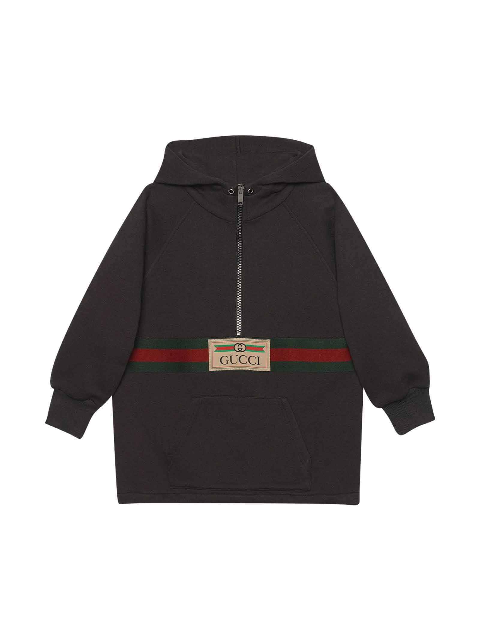 Gucci Black Sweatshirt With Frontal Zip And Pocket, Hood And Long Sleeves