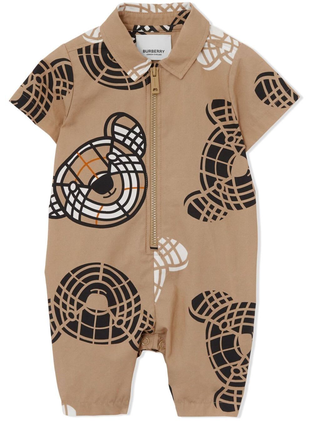 BURBERRY BEIGE ONESIE WITH ALL-OVER TEDDY BEAR PRINT IN COTTON BABY