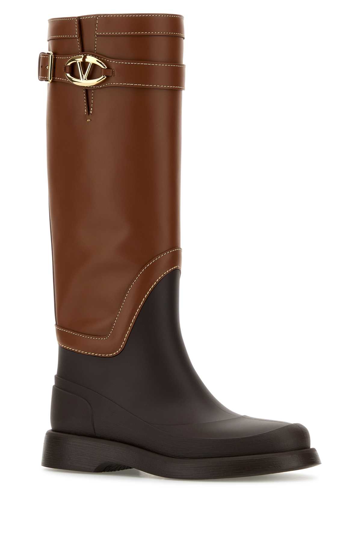 Shop Valentino Two-tone Leather And Rubber Vlogo The Bold Boots In Tobaccofondant