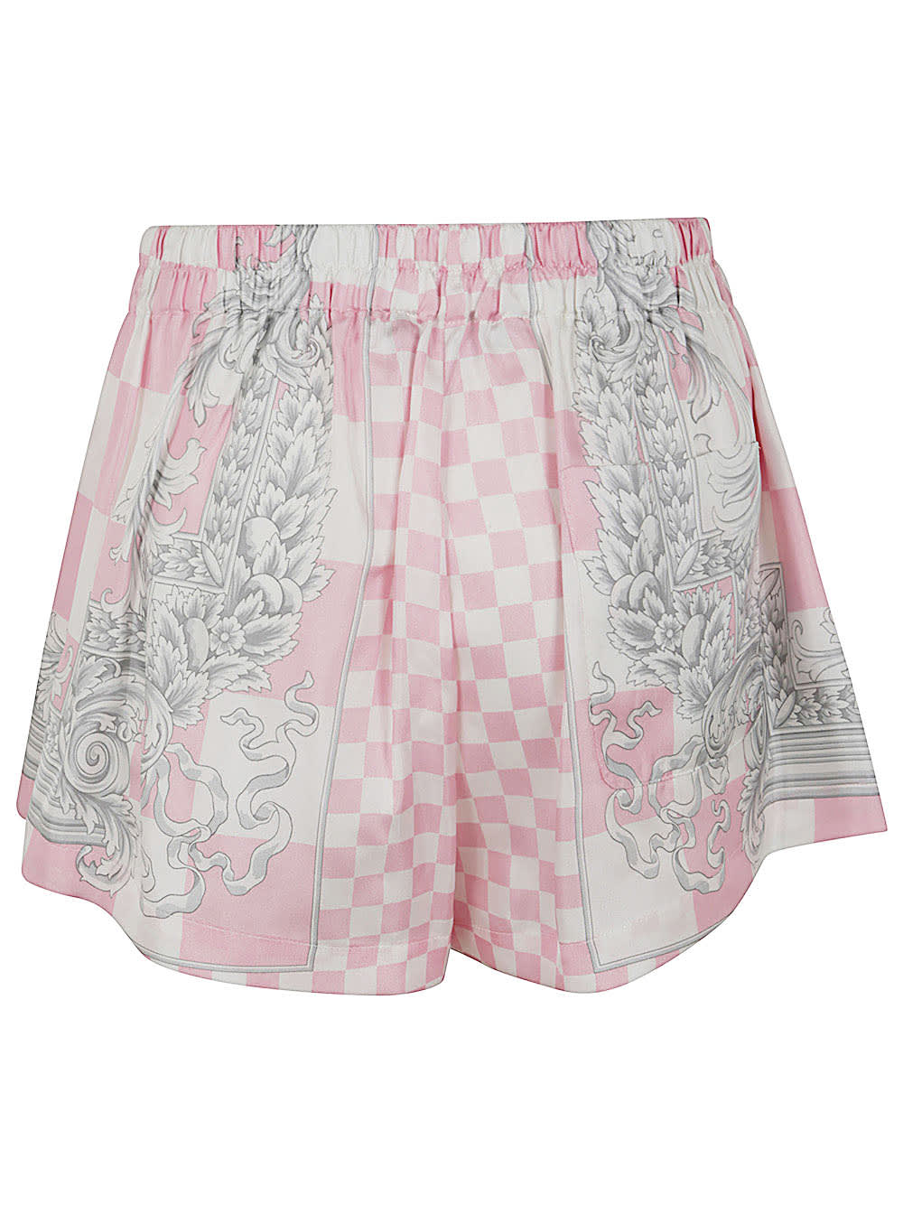 Shop Versace Printed Silk Twill Shorts In Pastel Pink White Silver