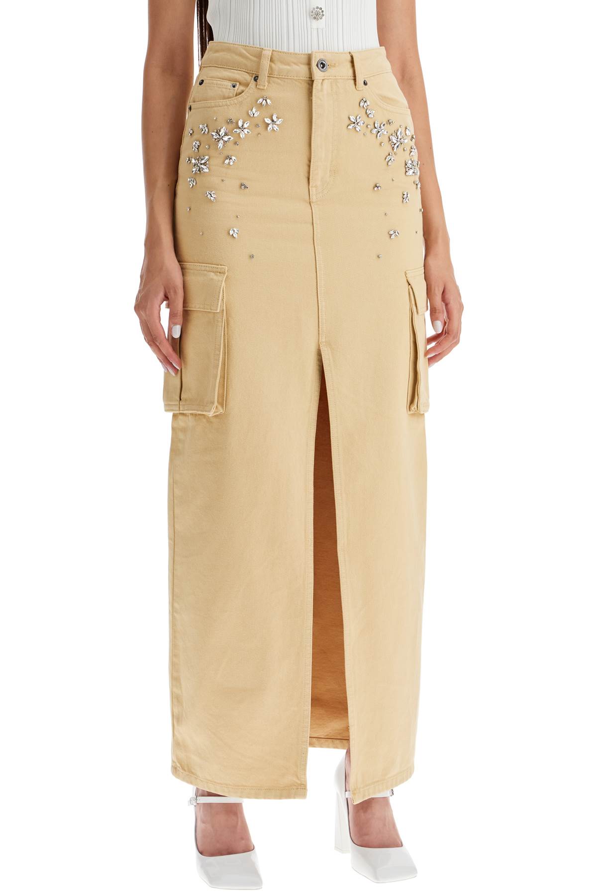 Shop Self-portrait Maxi Denim Cargo Skirt In In Beige (beige)