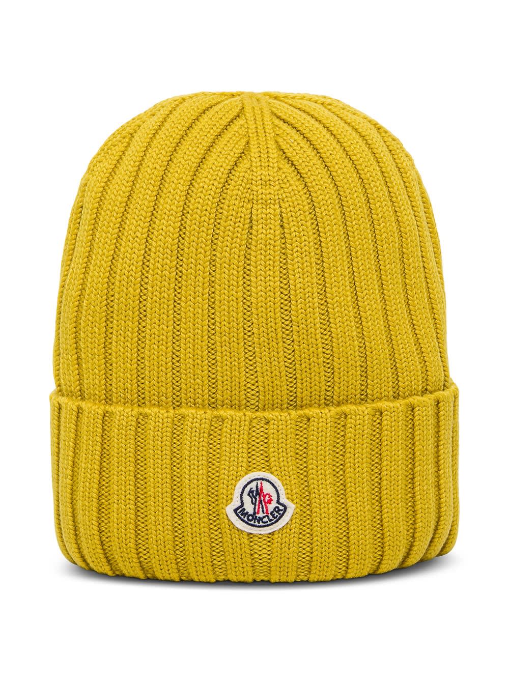 Moncler Yellow Wool Hat With Logo Patch