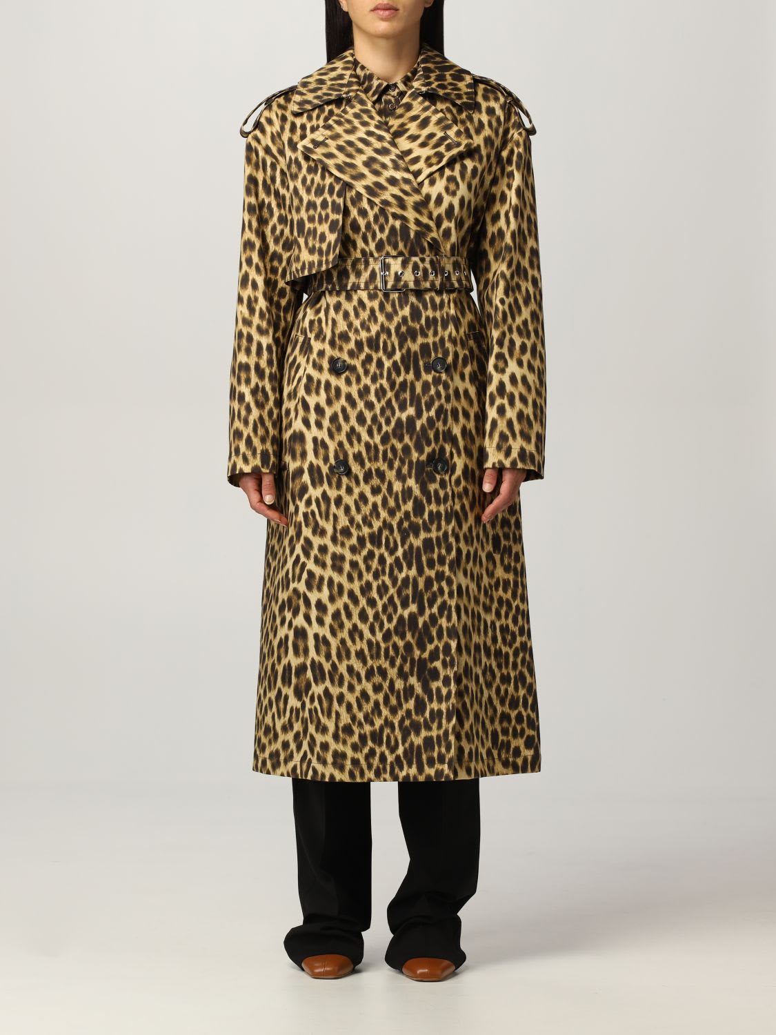 Sportmax Trench Coat Sportmax Double-breasted Trench Coat In Animalier Cotton