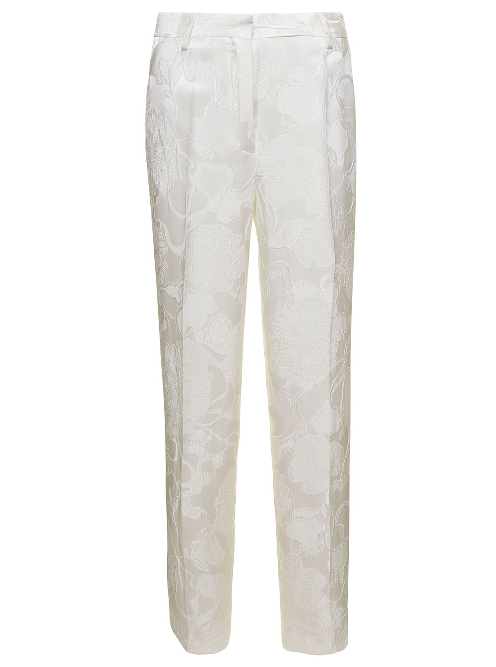 DRIES VAN NOTEN WHITE TAILORED TRAUSERS WITH FLORAL JACQUARD MOTIF ALL-OVER IN SILK BLEND WOMAN