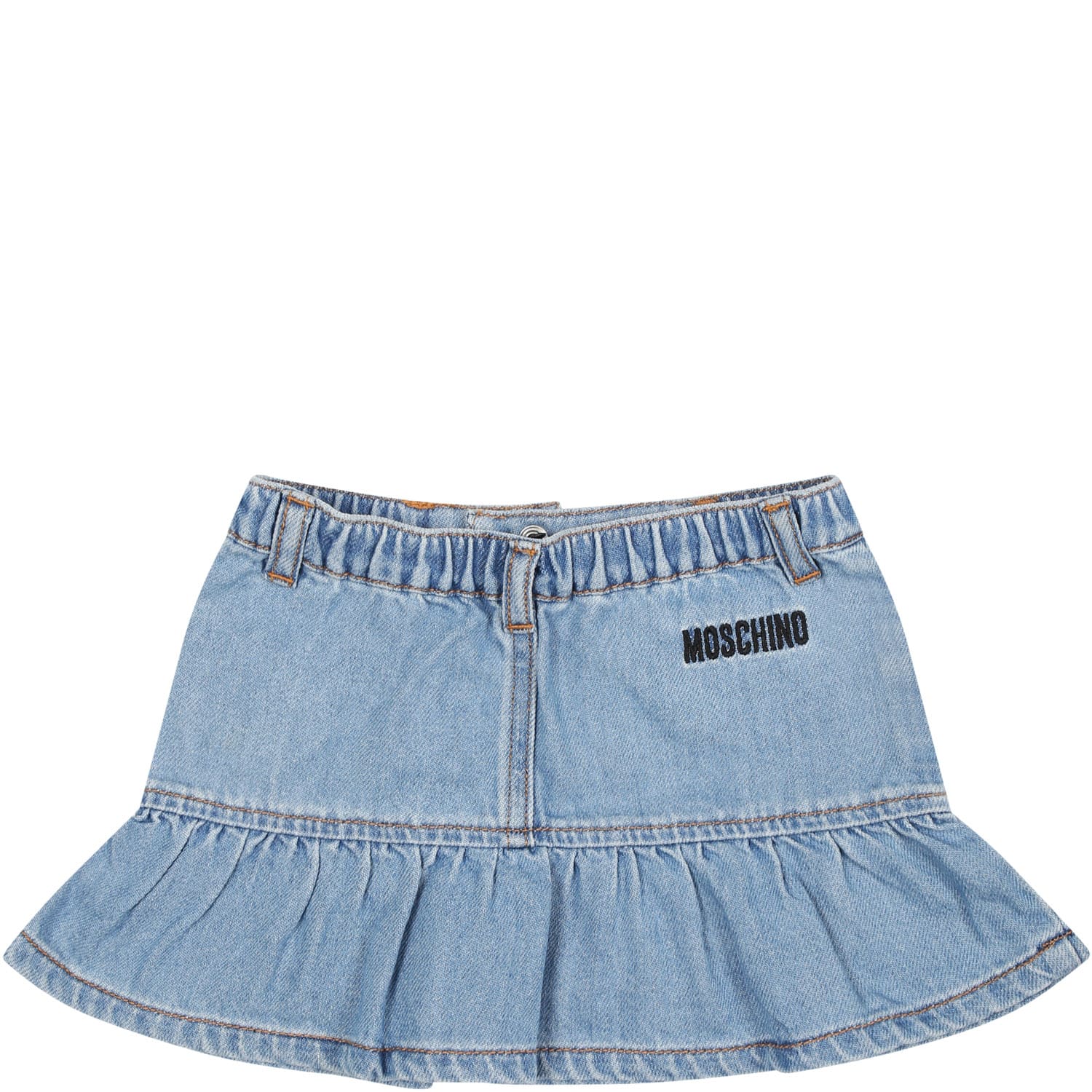 Shop Moschino Casual Denim Skirt For Baby Girl With Teddy Bear In Blue