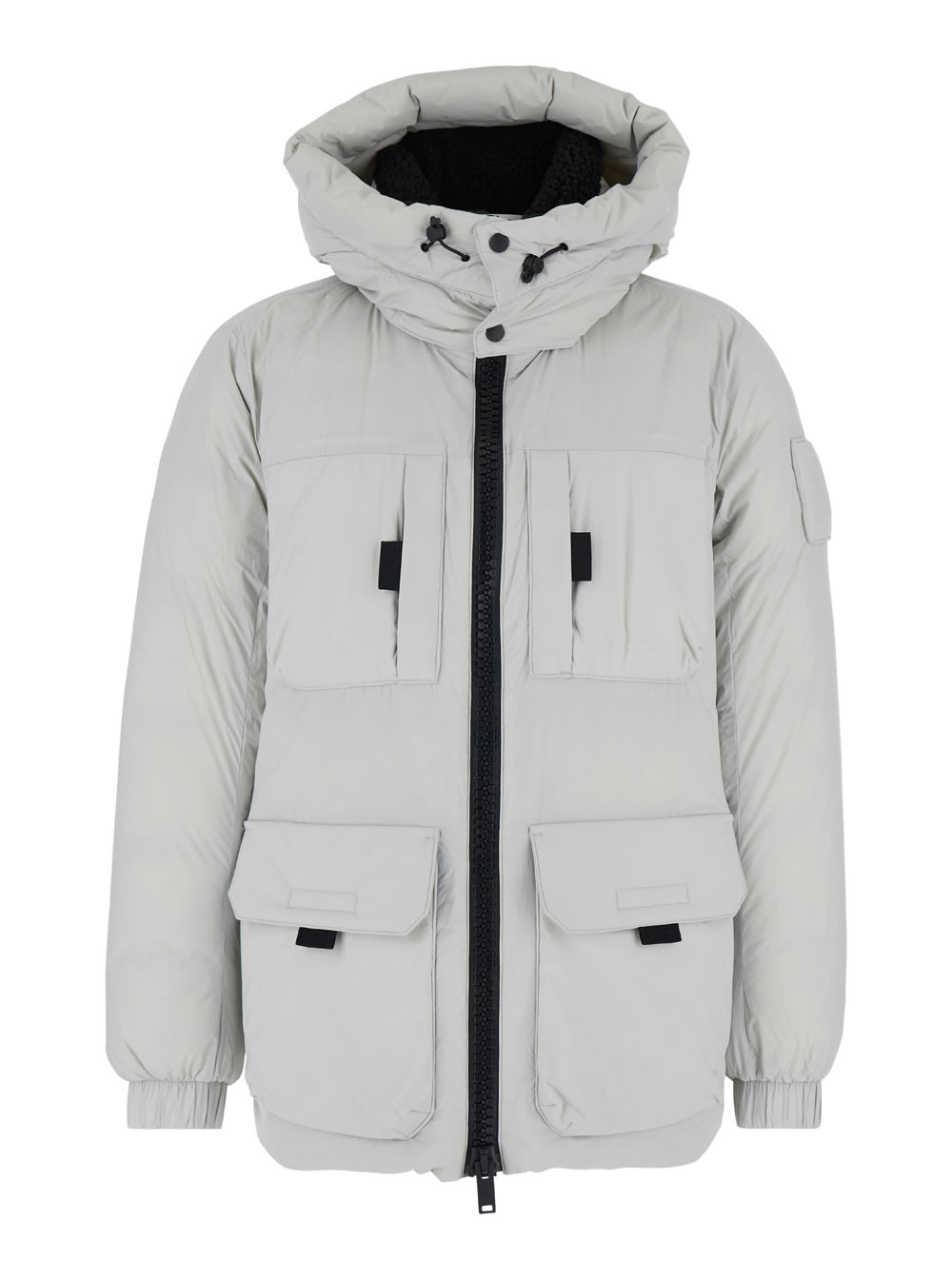 MOOSE KNUCKLES BRANDON 3Q GREY JACKET WITH HOOD AND LOGO PATCH ON THE SLEEVE IN TECH FABRIC MAN 