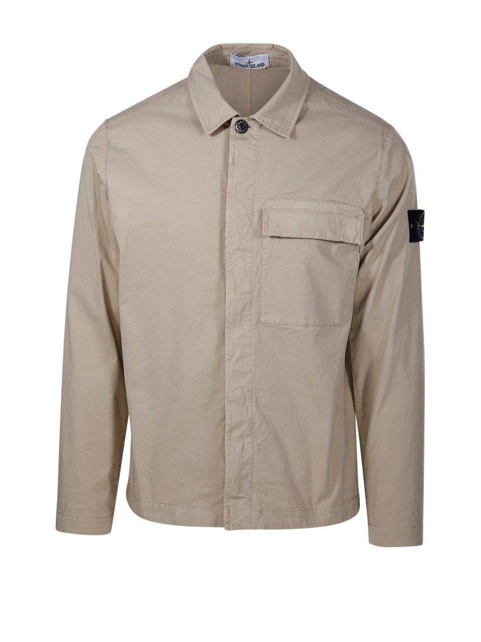 Shop Stone Island Logo Patch Collared Shirt Jacket In Beige