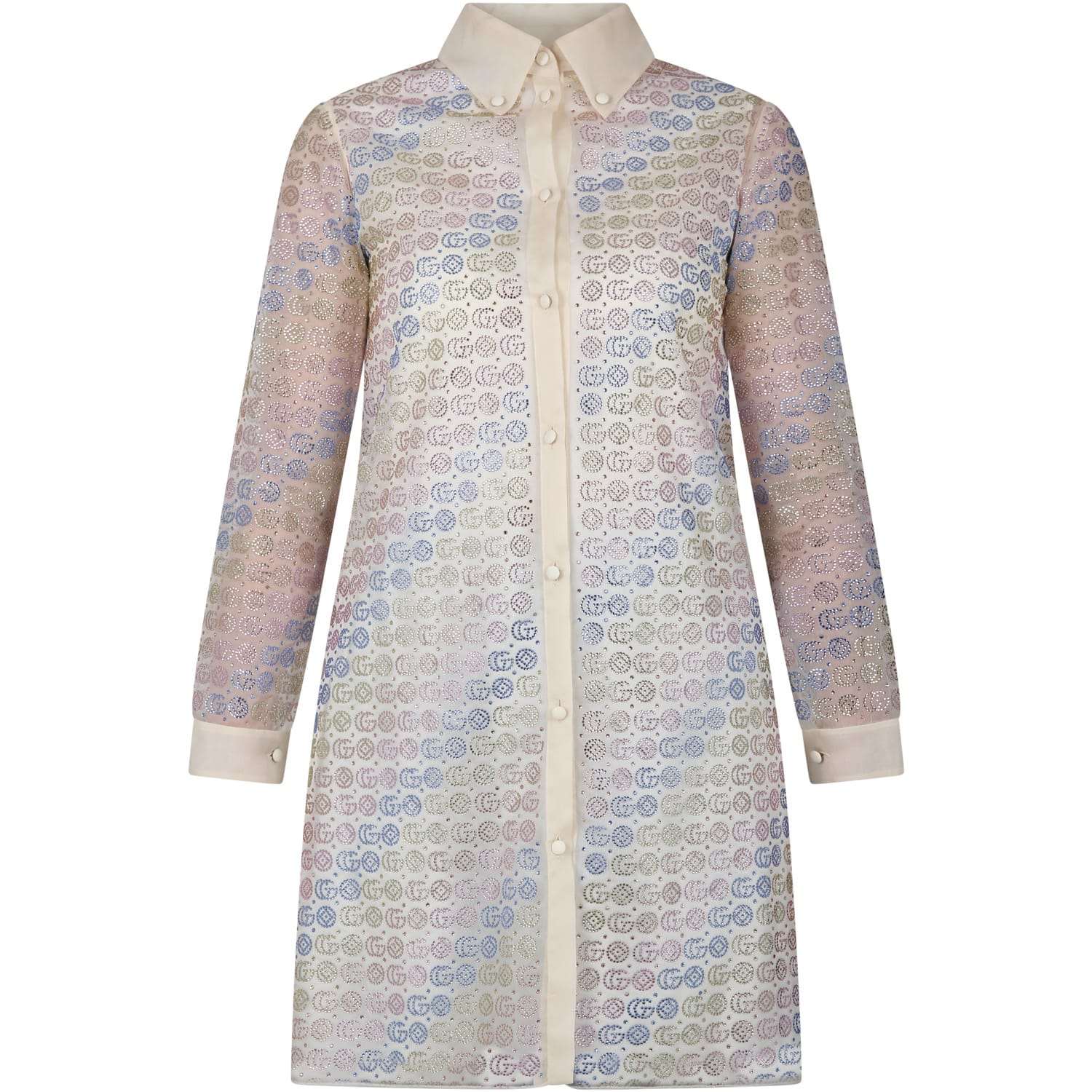 Gucci Kids' Ivory Dress For Girl With Geometric Pattern And All-over Double G