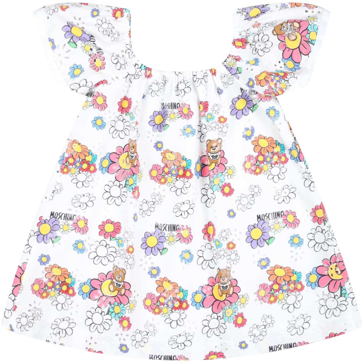 Shop Moschino White Dress For Baby Girl With Teddy Bear And Flowers