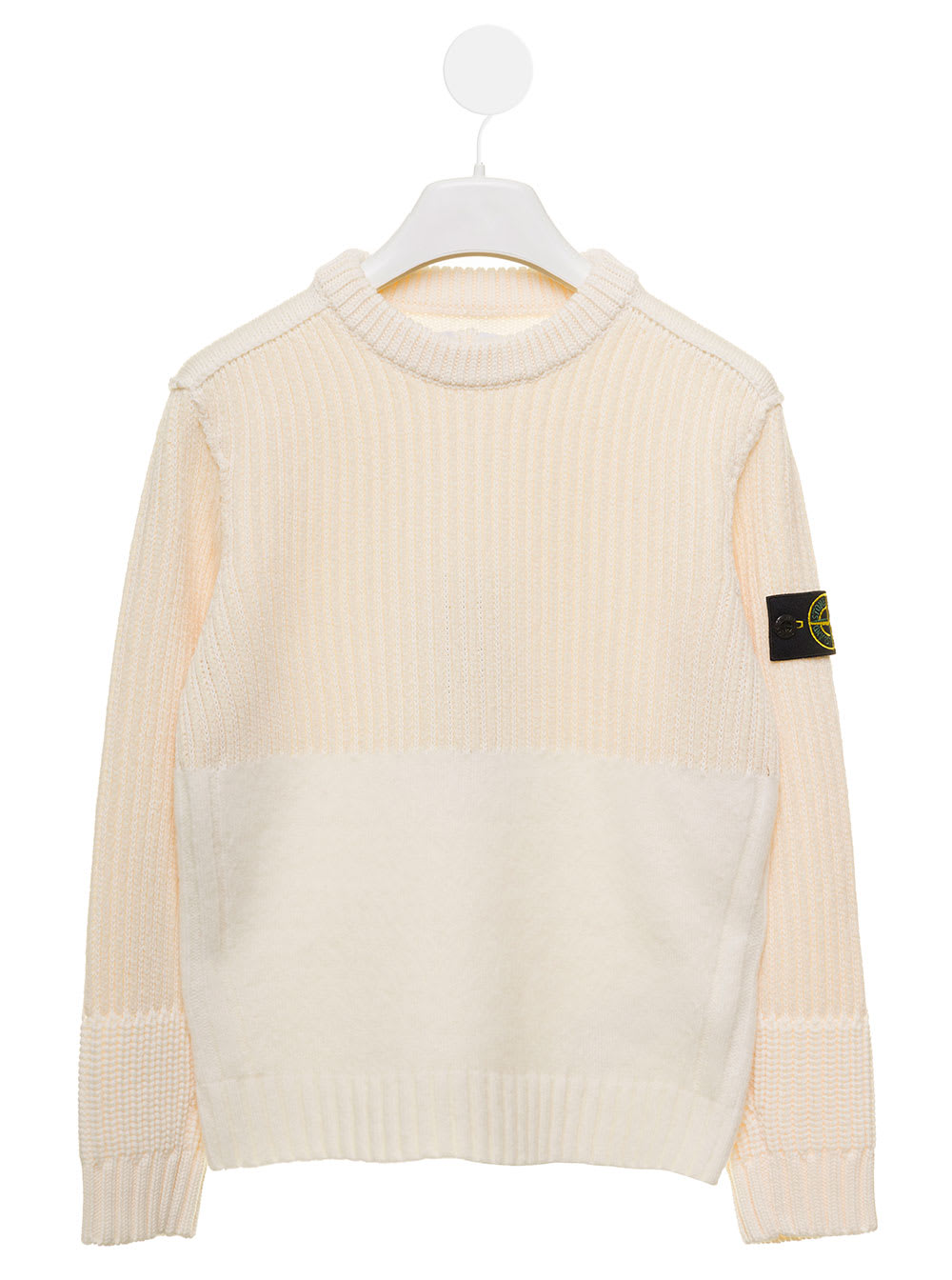 Stone Island Junior Sweater With Application In Mixed Wool Ivory Teen Stone Island Kids