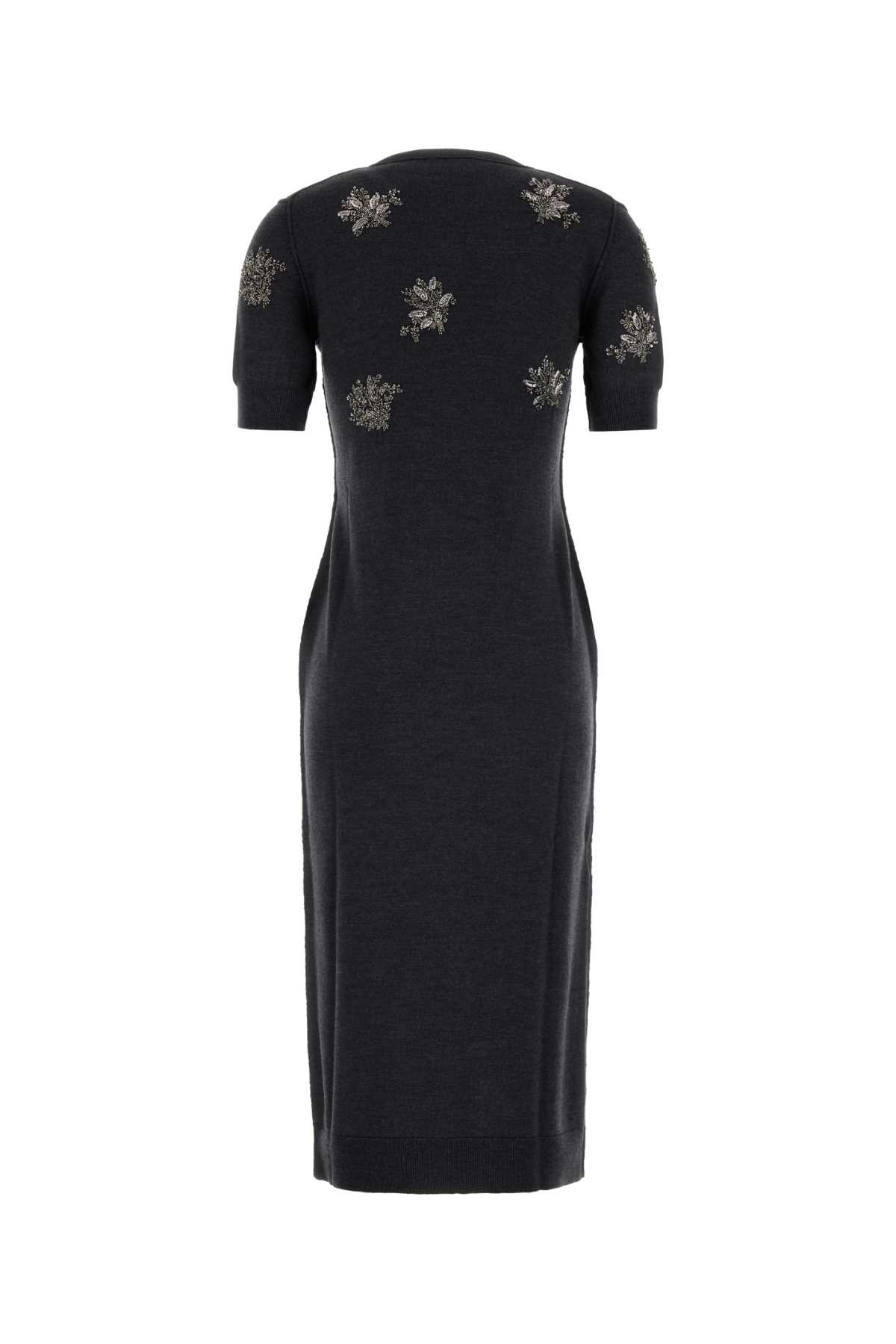 Fendi Wool Dress With Embroidered Ribbed Hem And Short Sleeves In Antracite