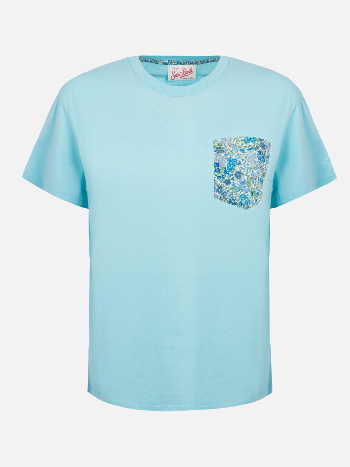 Mc2 Saint Barth Woman Cotton Jersey Crewneck T-shirt Emilie Joanna Luise Patch Pocket Made With Liberty Fabric In Green