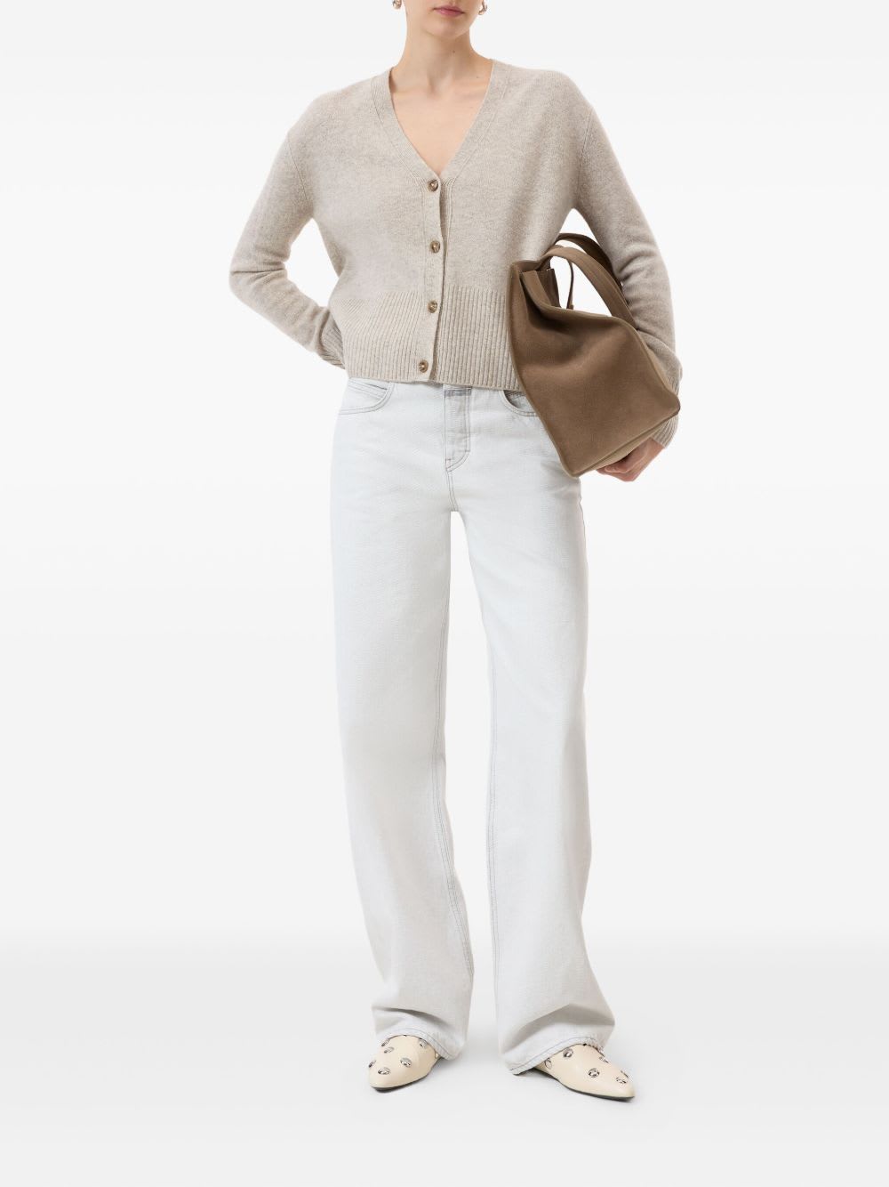 Closed Wool V-necked Cardigan In Sand