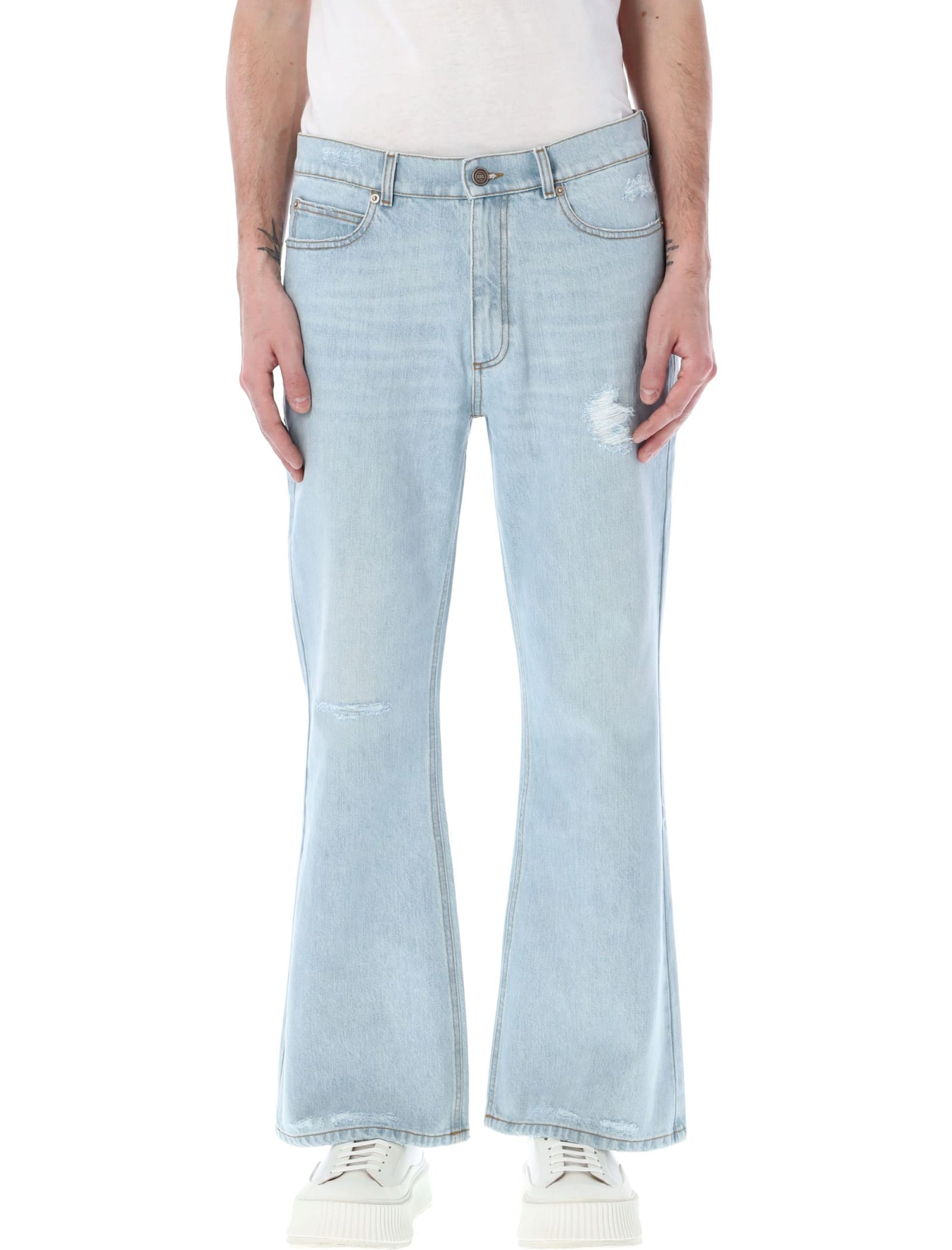 Erl Distressed Bootcut Jeans In Light Blue