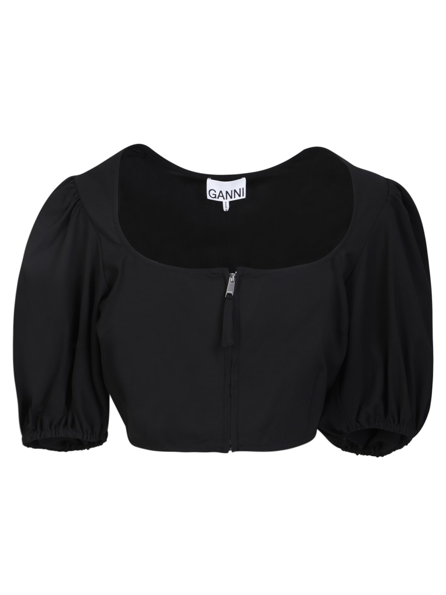 Shop Ganni Puff-sleeve Blouse In Black