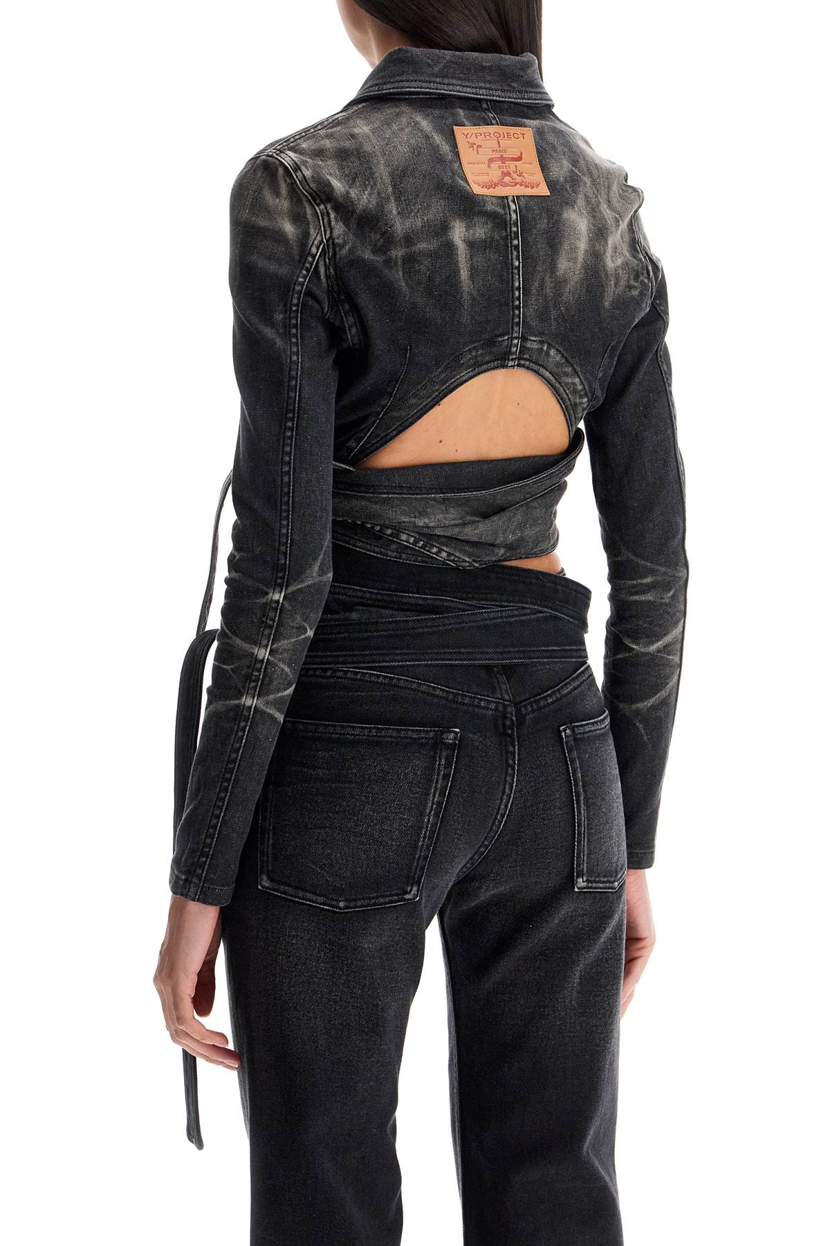 Shop Y/project Denim Jacket With Criss-cross Belt In Faded Black (black)