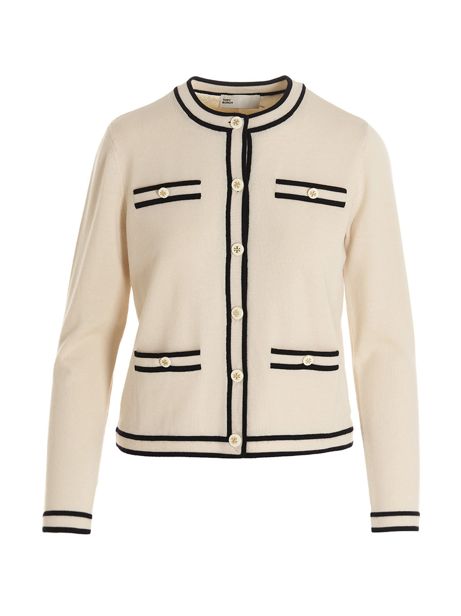 Tory Burch Contrasting Striped Wool Cardigan In Beige