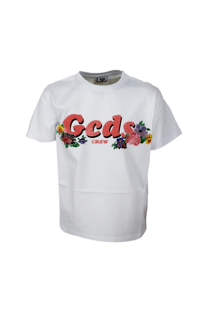 Shop Gcds Short Sleeve Crew Neck T-shirt With Rhinestone Applications In White