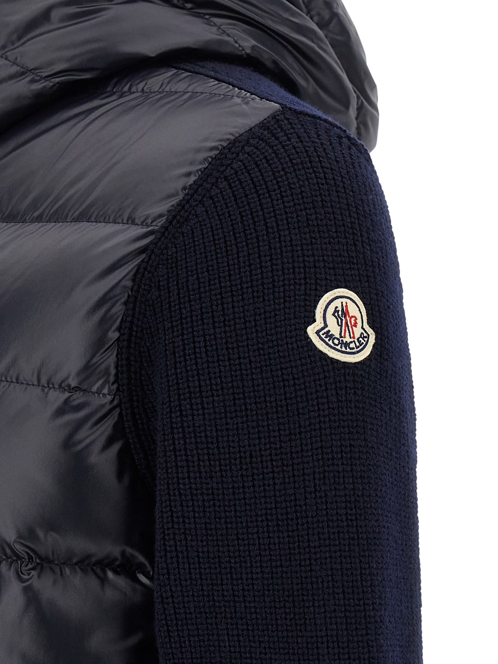 Moncler Hooded Quilted Sweater Ribbed Sleeves In Blue