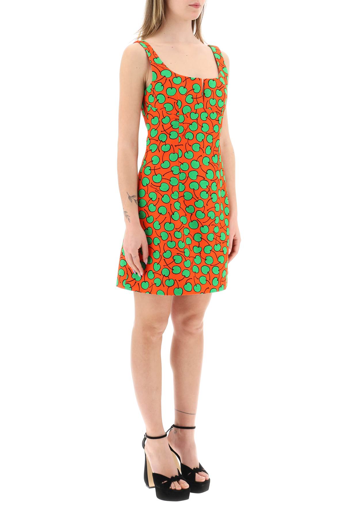 Shop Moschino Cherry Print Short Dress In Fantasia Rosso (orange)
