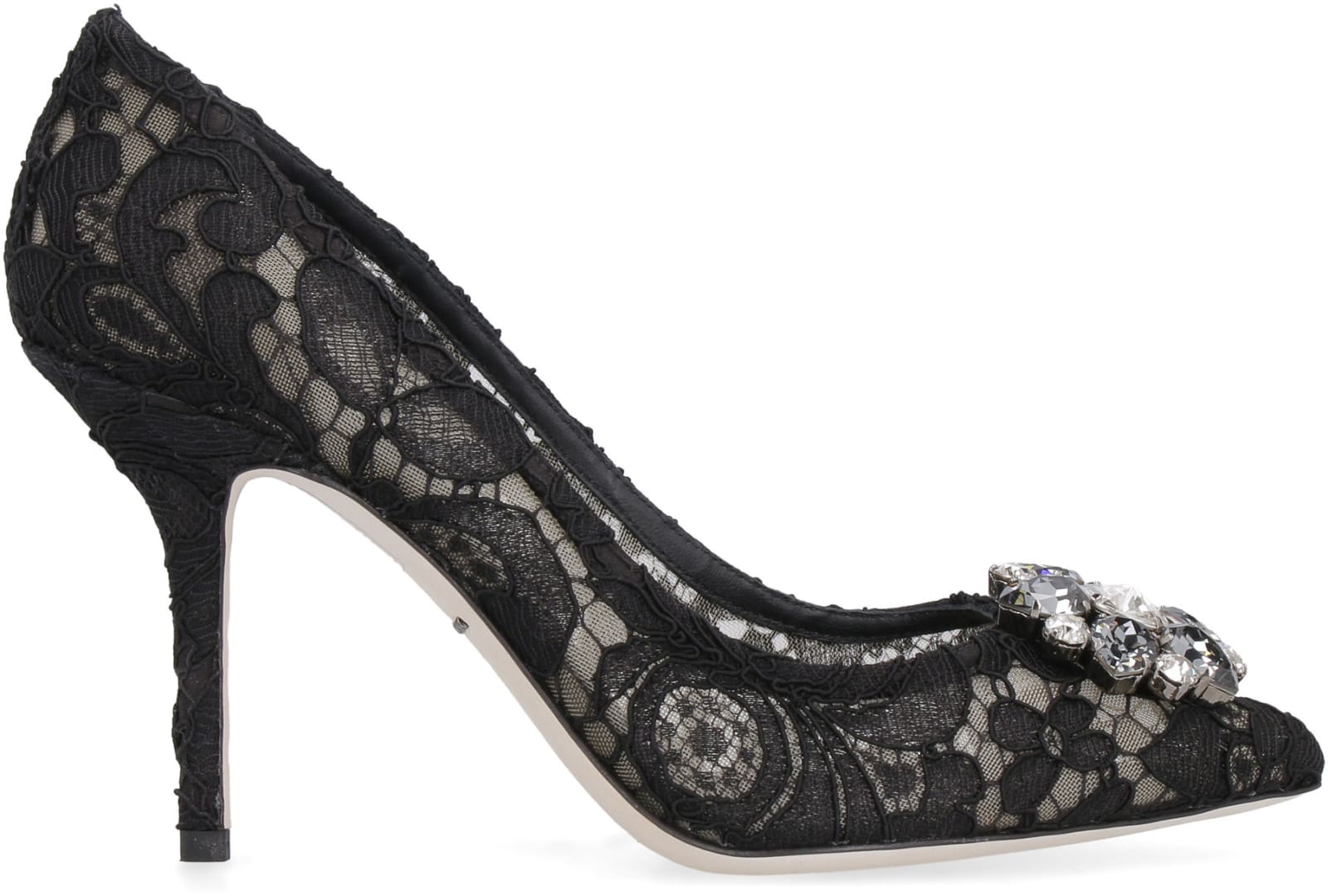 Dolce & Gabbana Embellished Lace Overlay Kitten Heel Pumps In Black