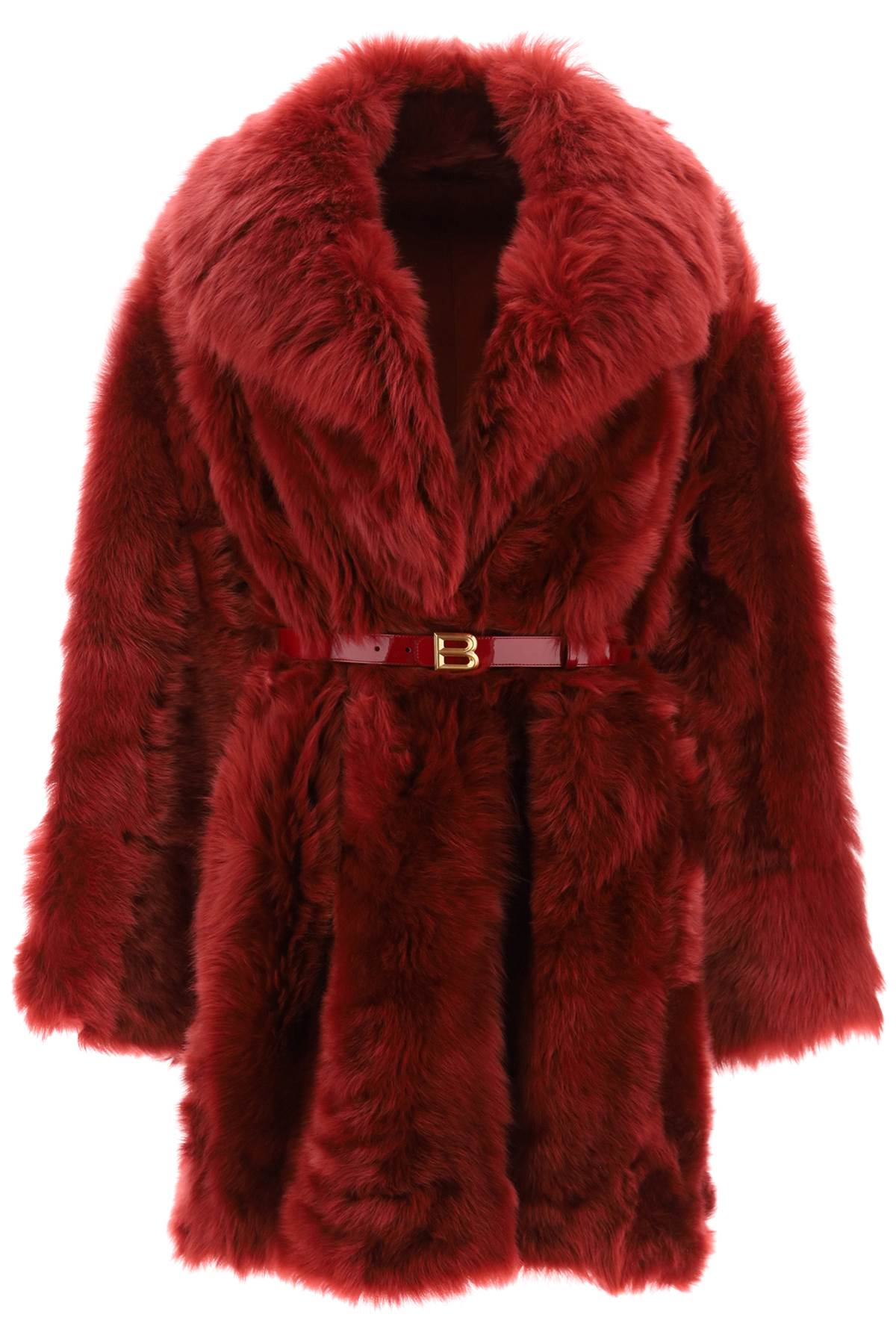 Bally Shearling Coat W/ Logo Belt In Syrah 23 (red)