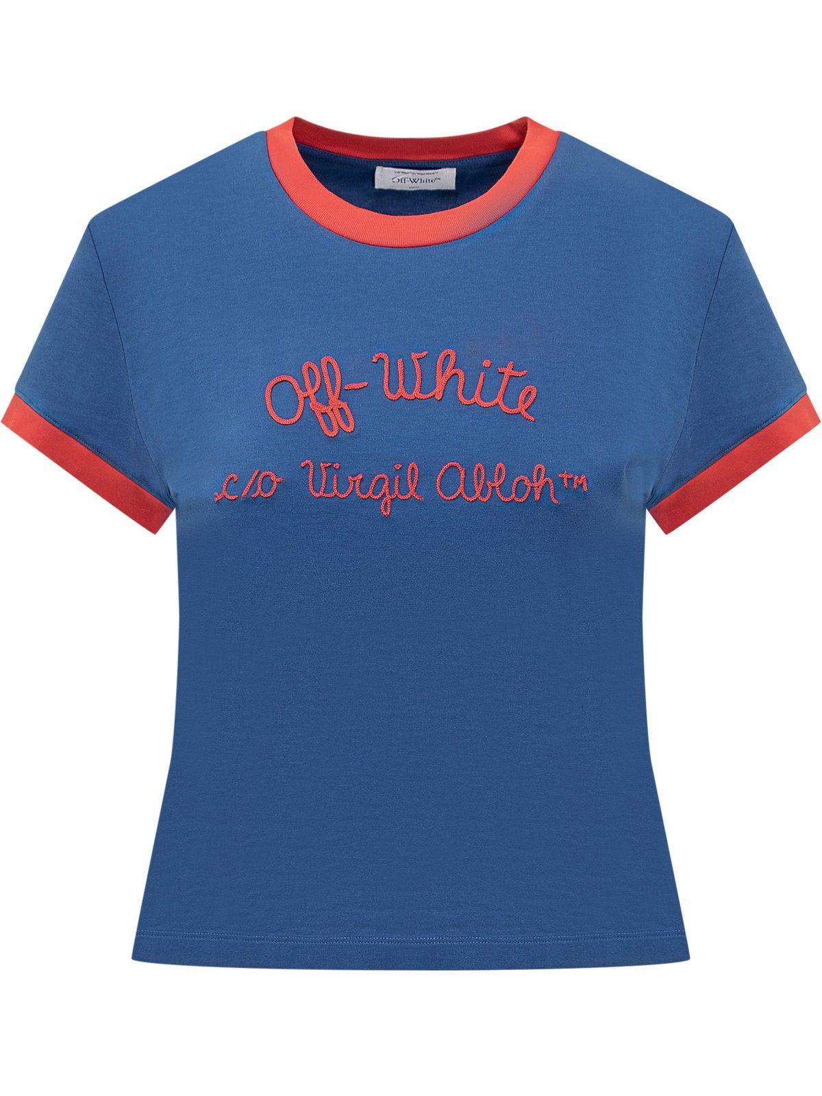 Shop Off-white Embr Script Type Fitted T-shirt In True Blue/high Risk Red