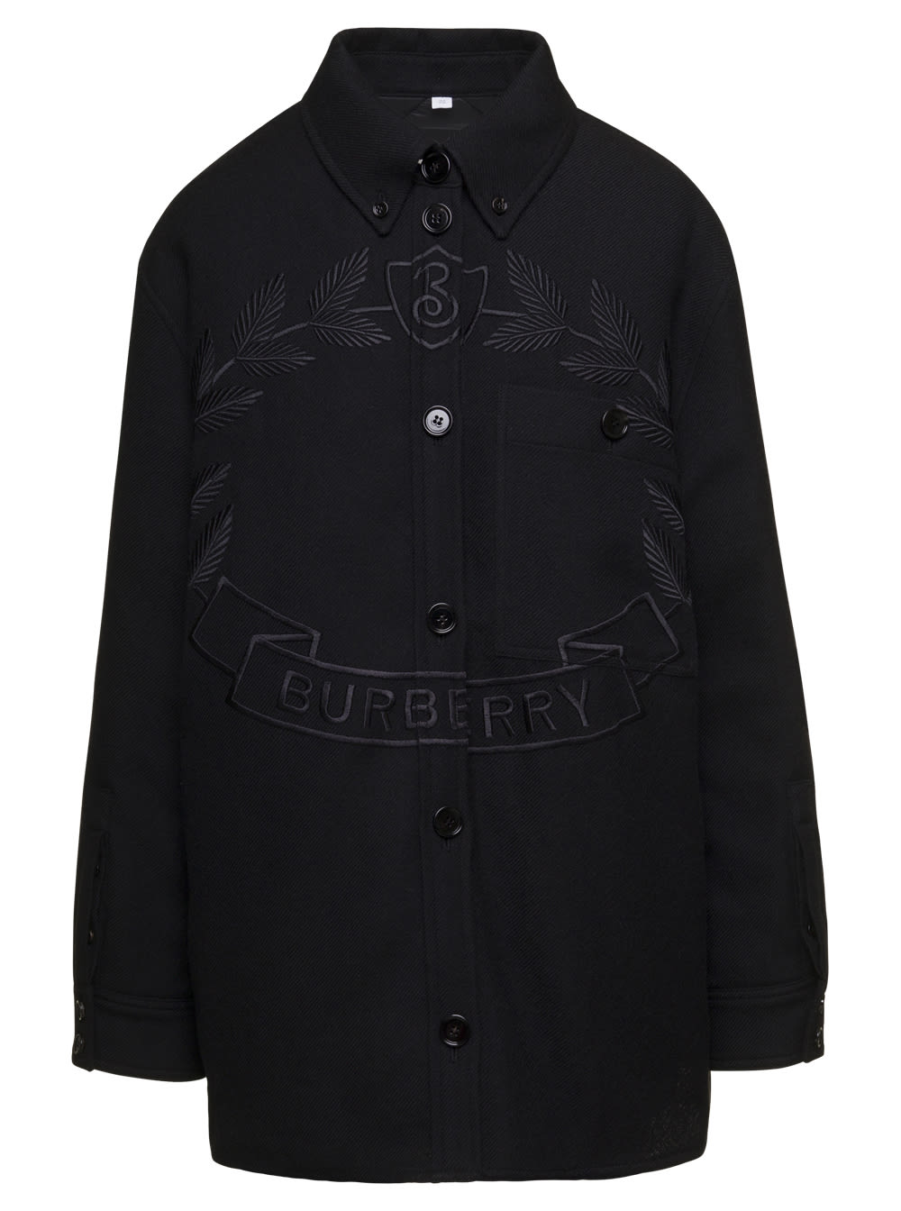 Black Embroidered Oak Leaf Crest Jacket In Wool Twill Woman Burberry