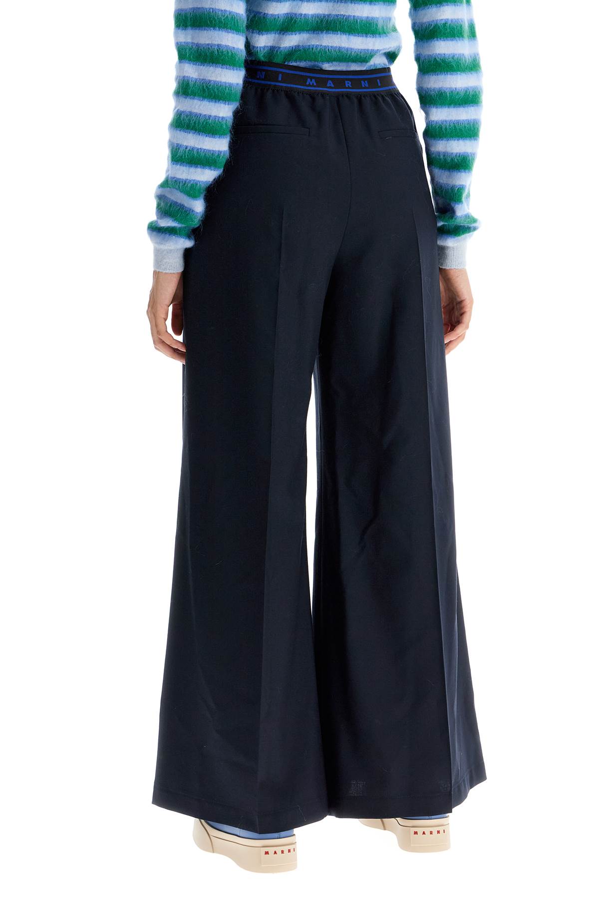 Shop Marni Tropical Wool Palazzo Pants For In Blublack (blue)