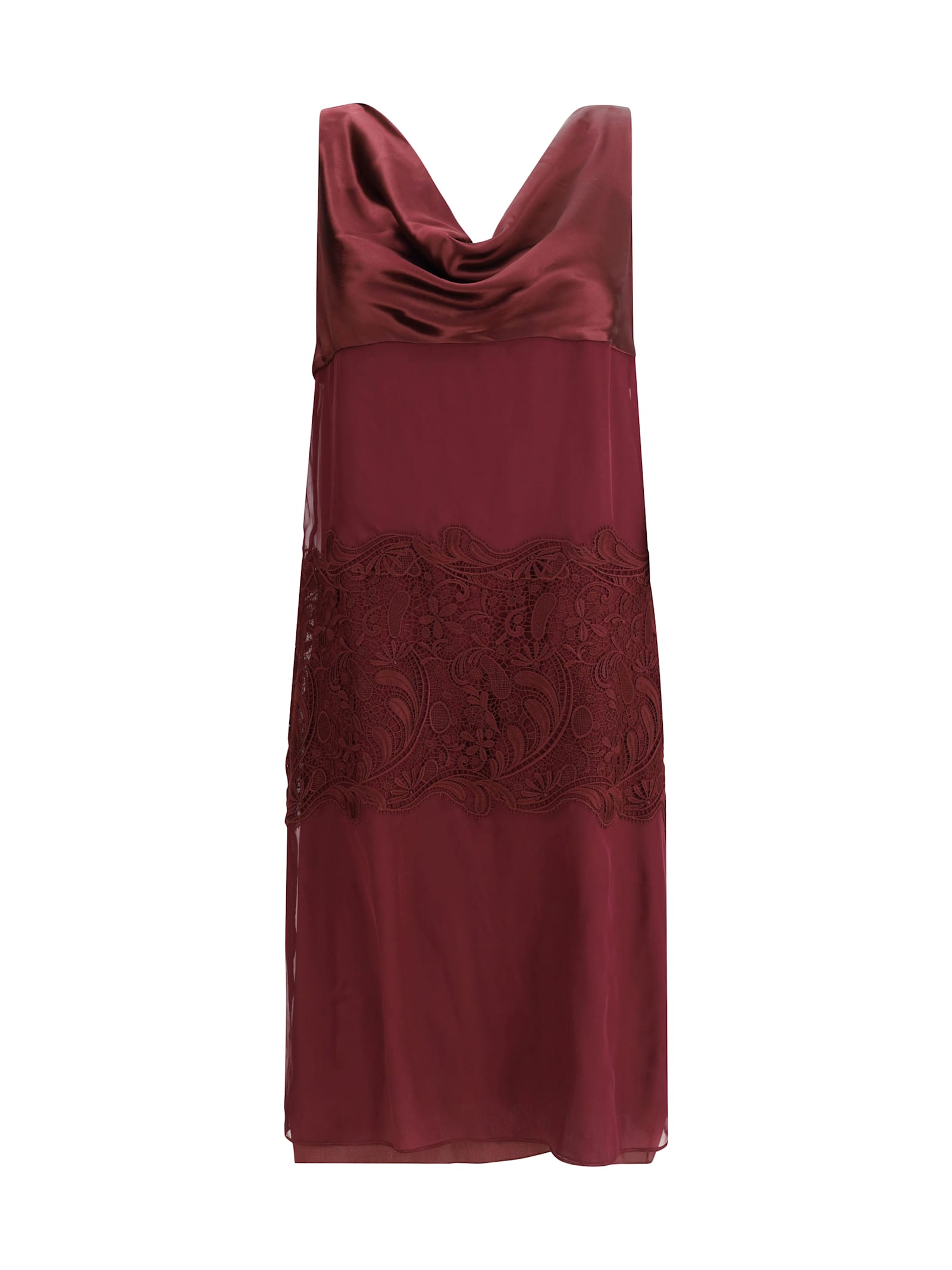 Ferragamo Cowl-neck Lace-insert Midi Dress In Burgundy