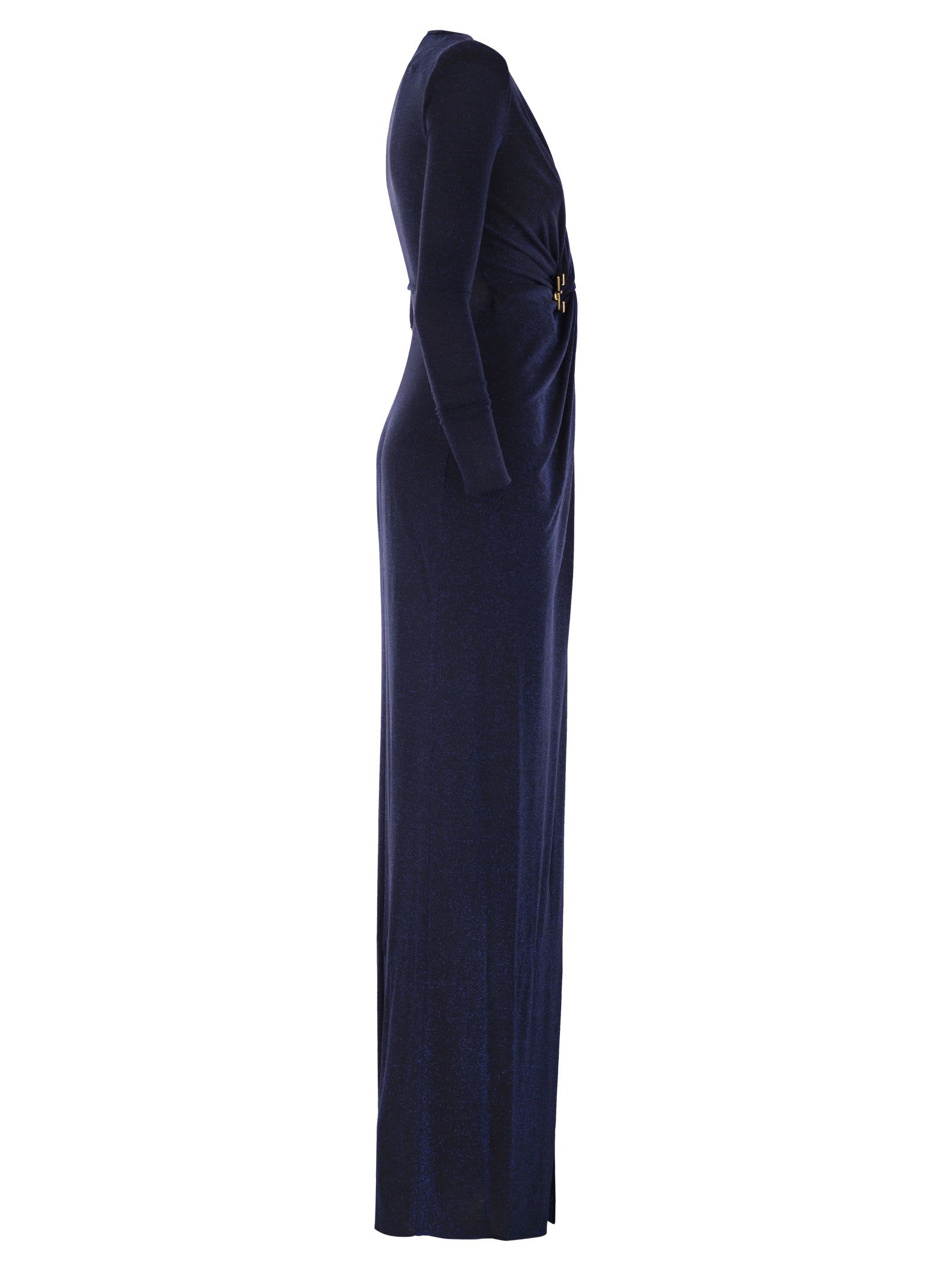 Shop Elisabetta Franchi Red Carpet Dress In Lurex Jersey With Knot And Logo Accessory In Navy