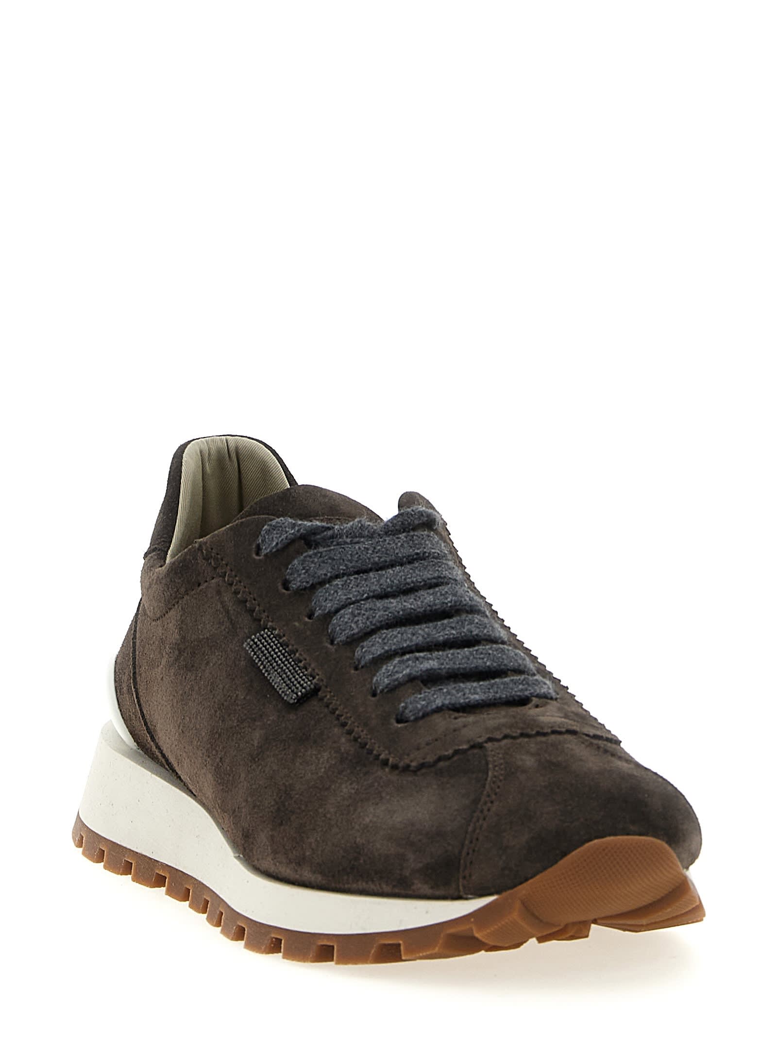 Brunello Cucinelli Suede Leather Sneakers With Contrasting Laces In Brown