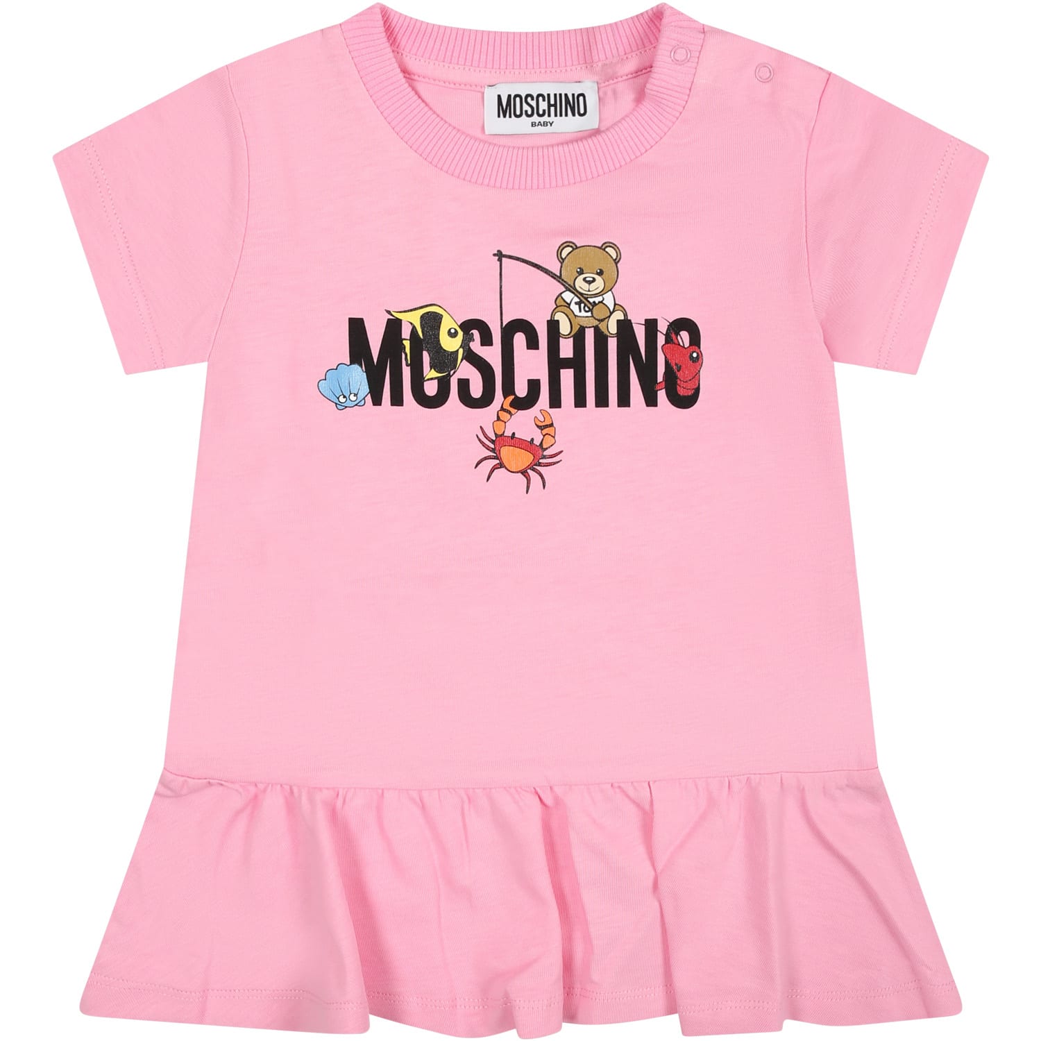 Moschino Pink Dress For Baby Girl With Logo And Animals