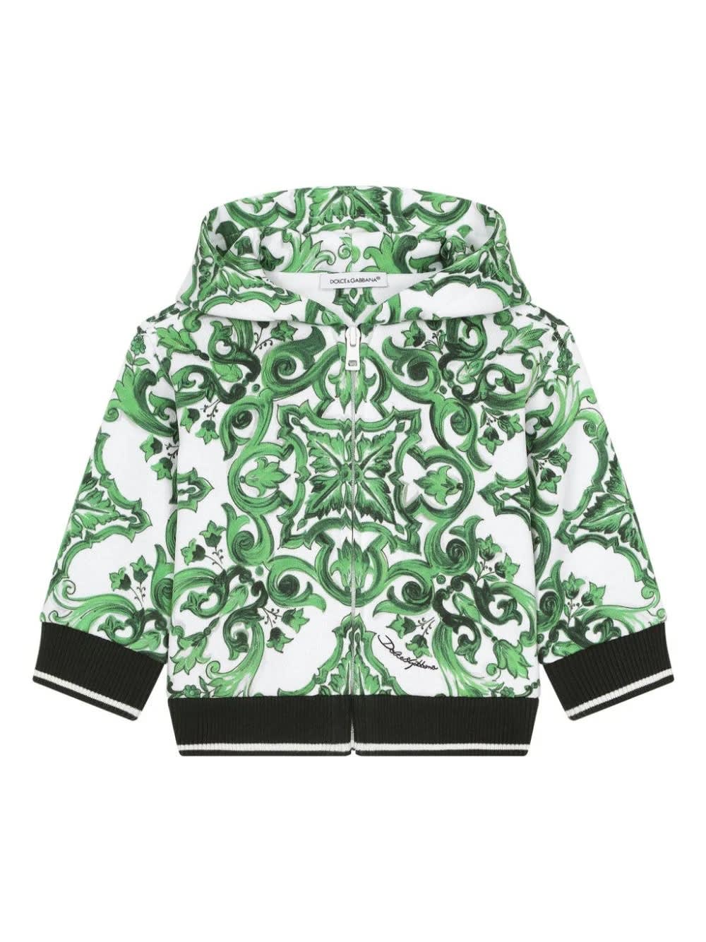 Shop Dolce & Gabbana Green Majolica Printed Zip-up Hoodie