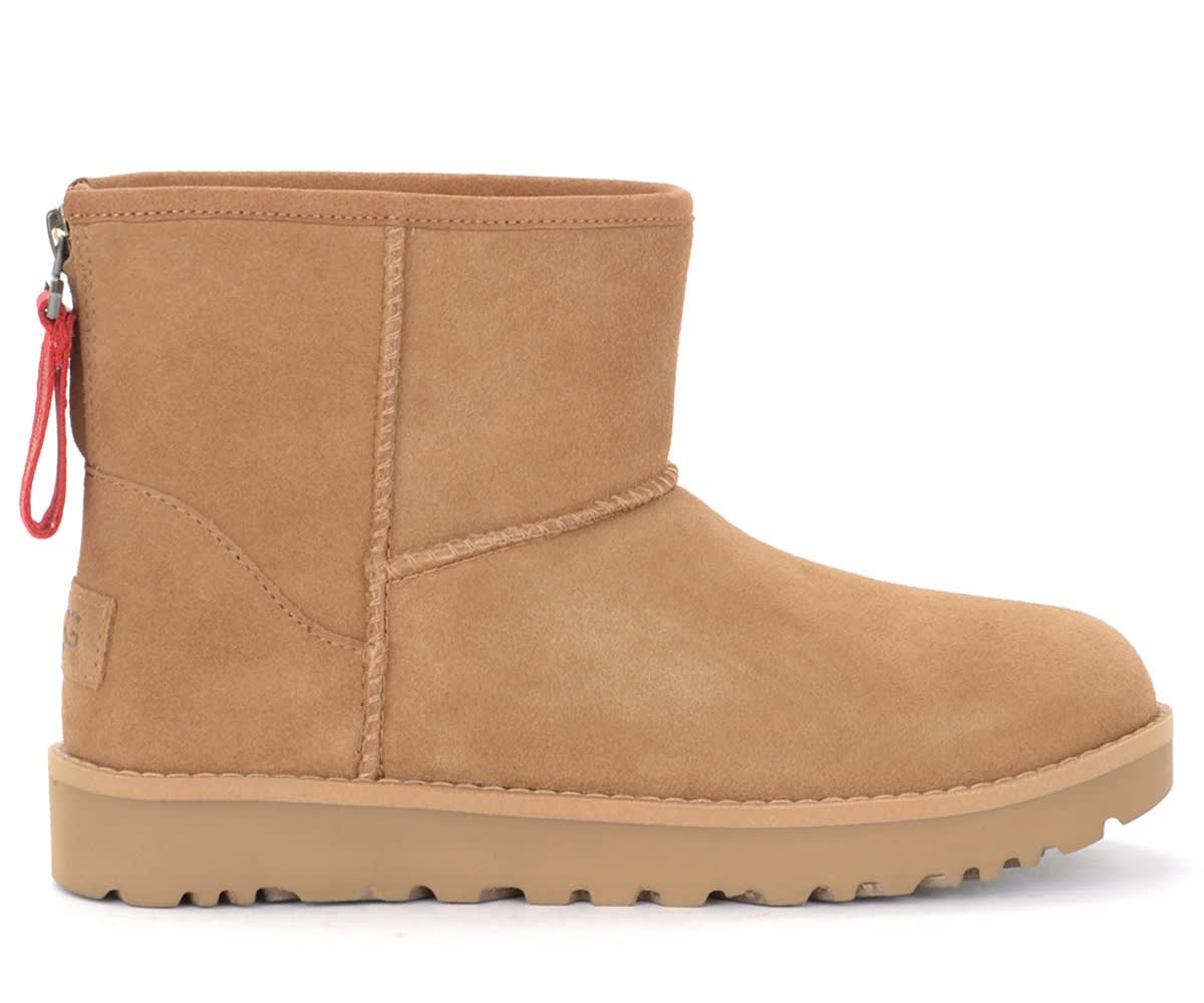 Ugg Classic Mini Zip Logo Ankle Boot In Brown Leather