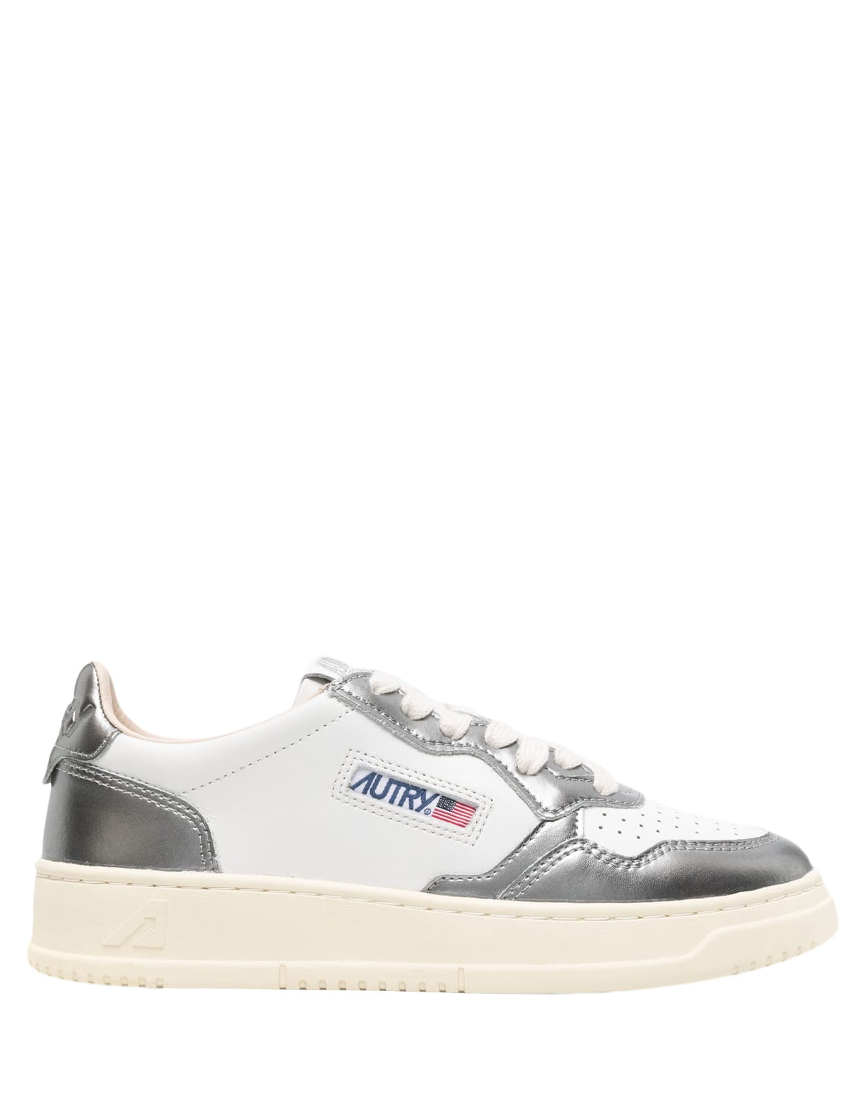 Shop Autry White And Metallised Steel Leather Medalist Low Sneakers In Grey