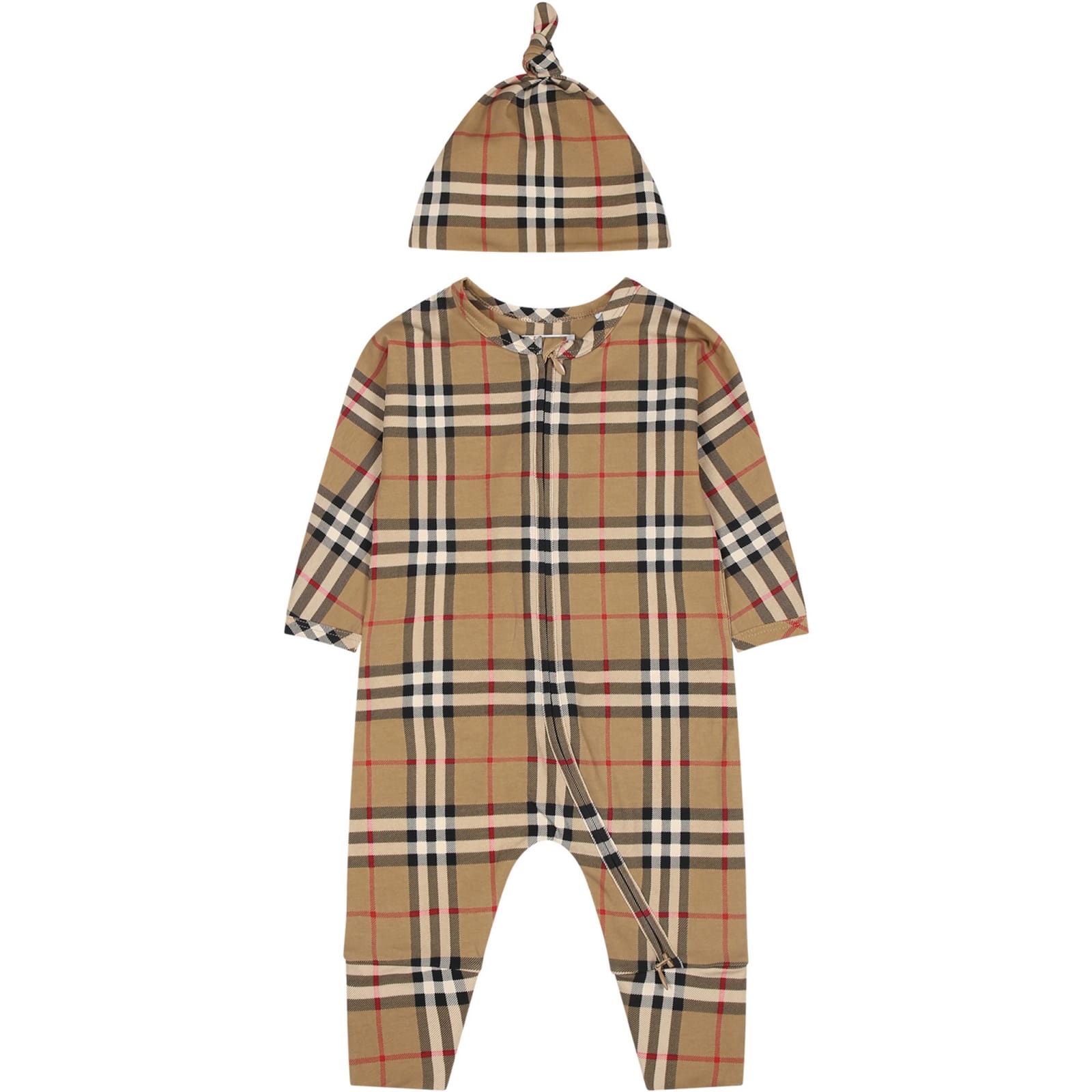 BURBERRY BEIGE SET FOR BABYKIDS WITH THE ICONIC VINTAGE CHECK