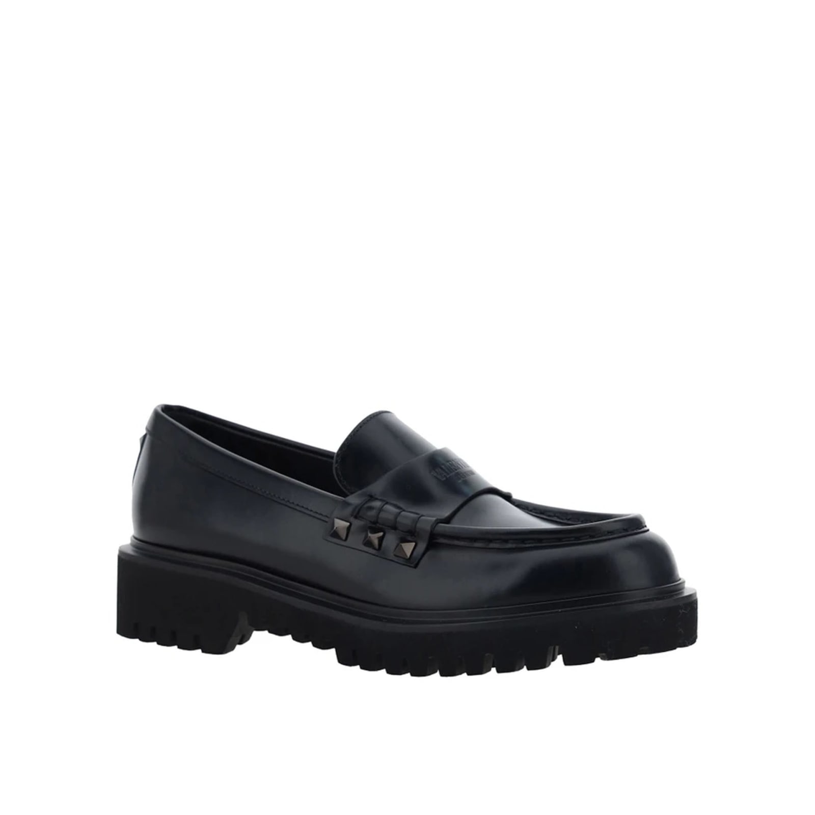 Shop Valentino Garavani Leather Rockstud Loafers In Black