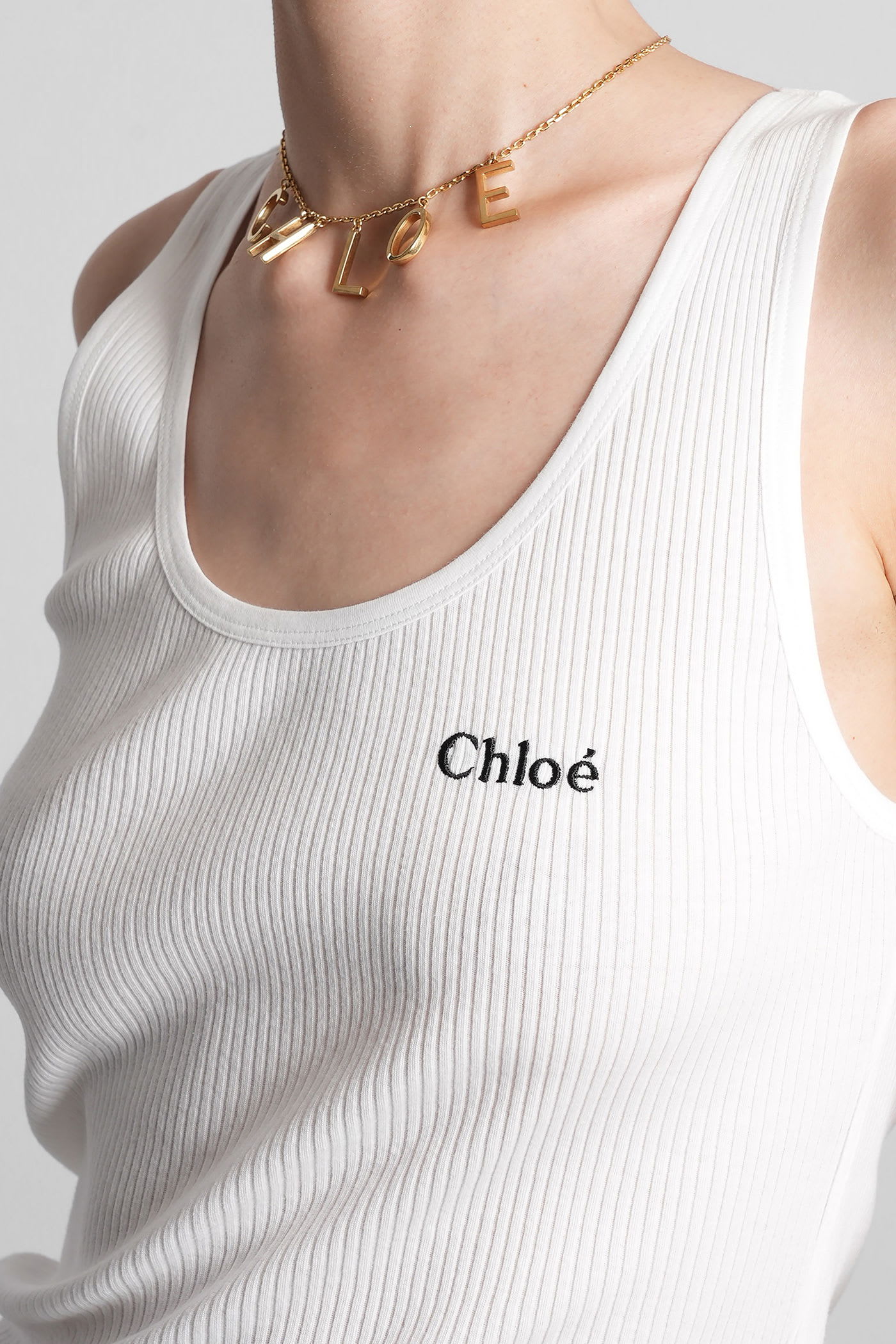 Chloé Logo Ribbed Cotton Jersey Tank Top In White