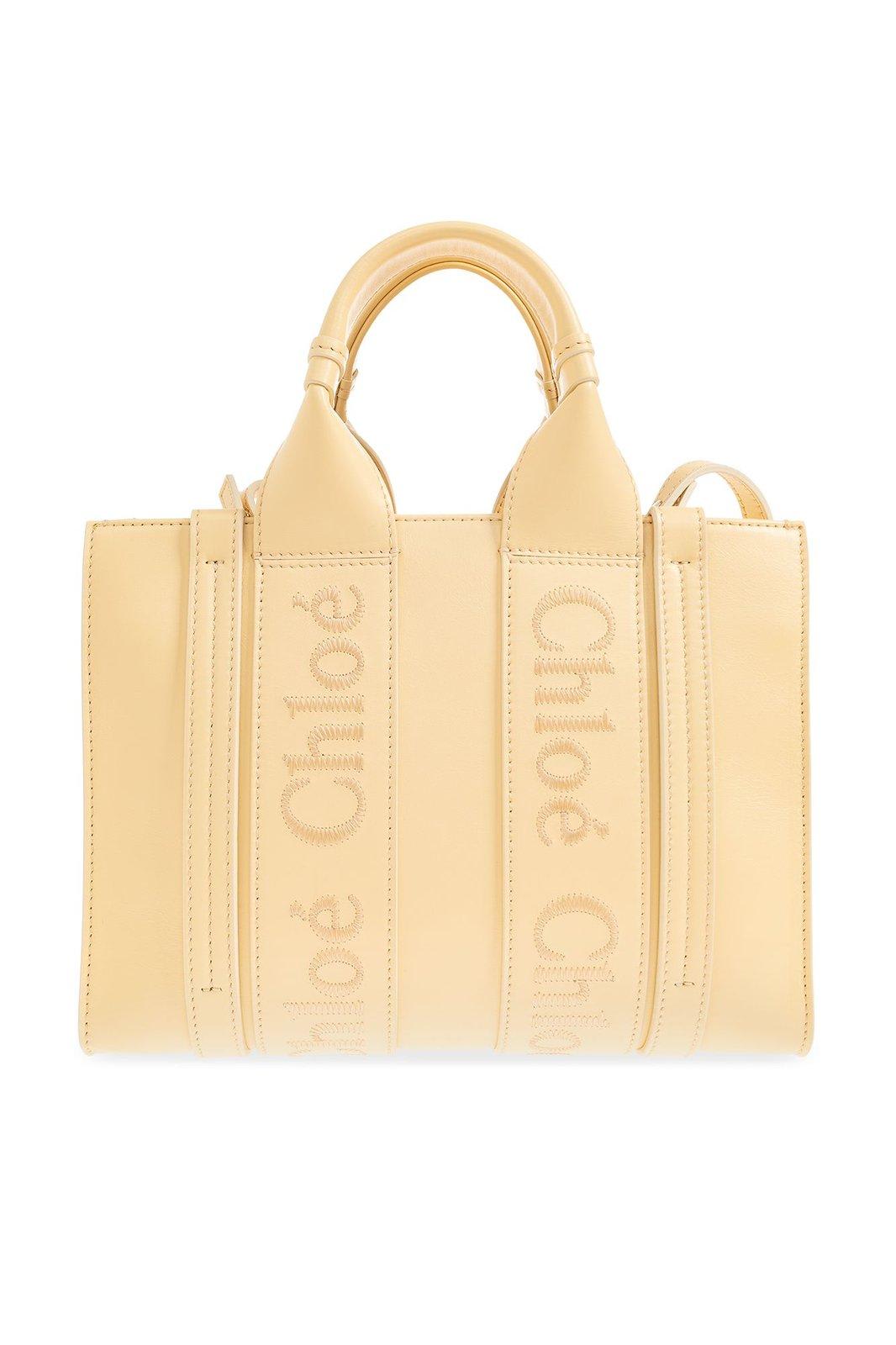 Shop Chloé Woody Logo Embroidered Small Tote Bag In Yellow