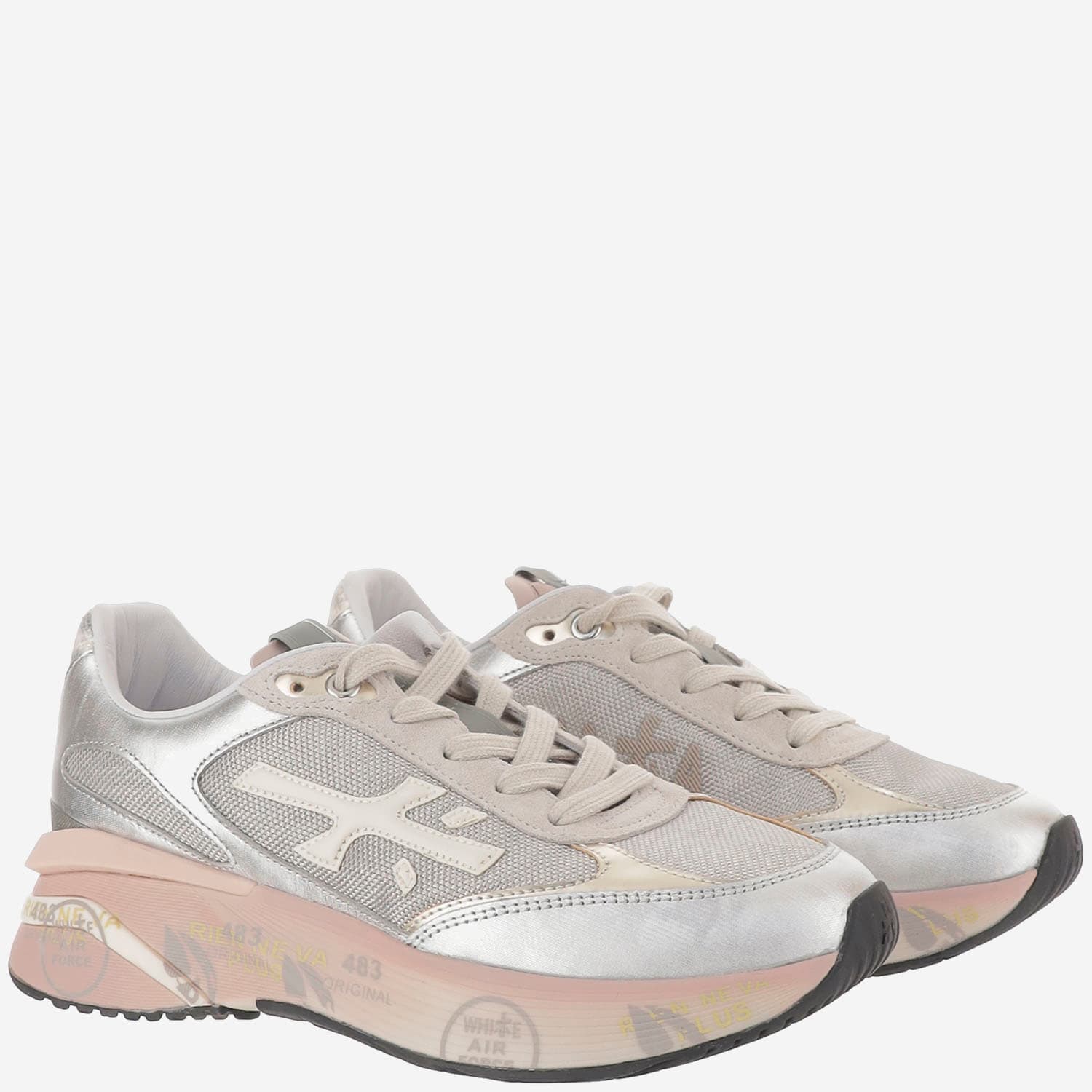 Premiata Chunky Multicolour Sneakers With Metallic And Leather Panels In Silver